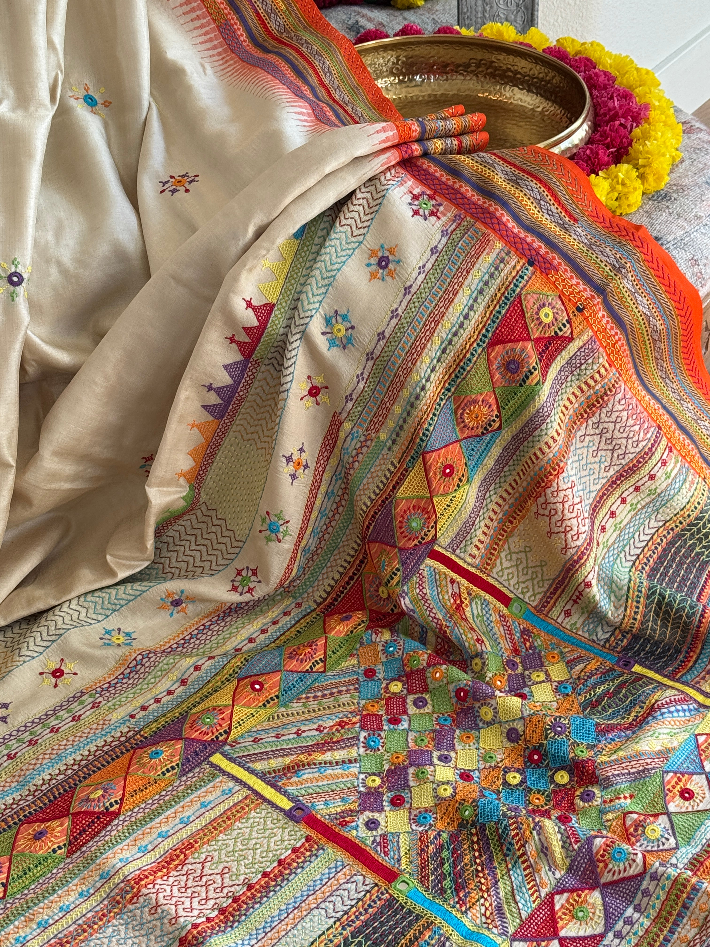 Lambani Hand Embroidered Vidharba Tussar Saree - orange