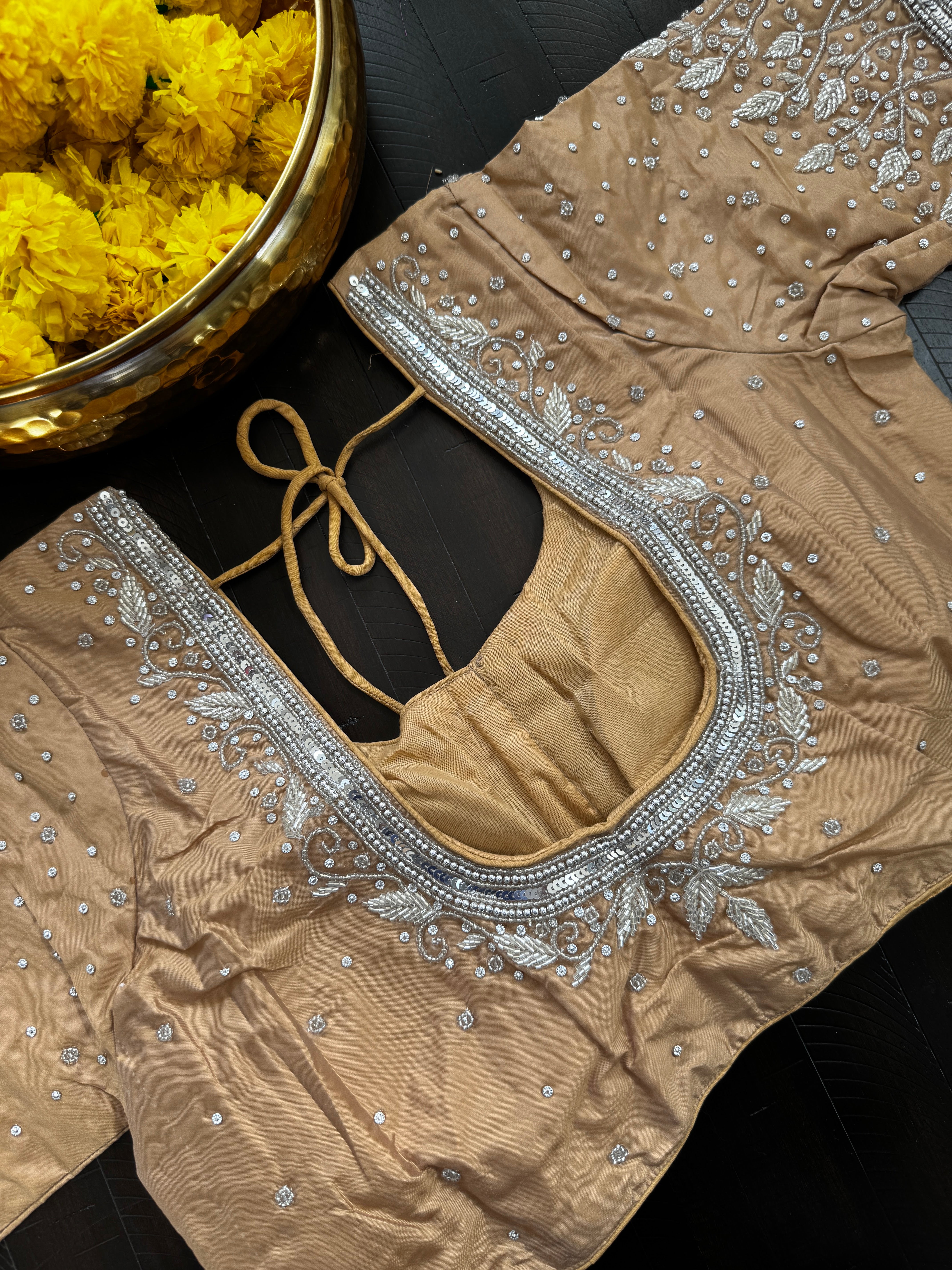 Maggam Work Readymade Padded Blouse front hooks with sleeves - Chico