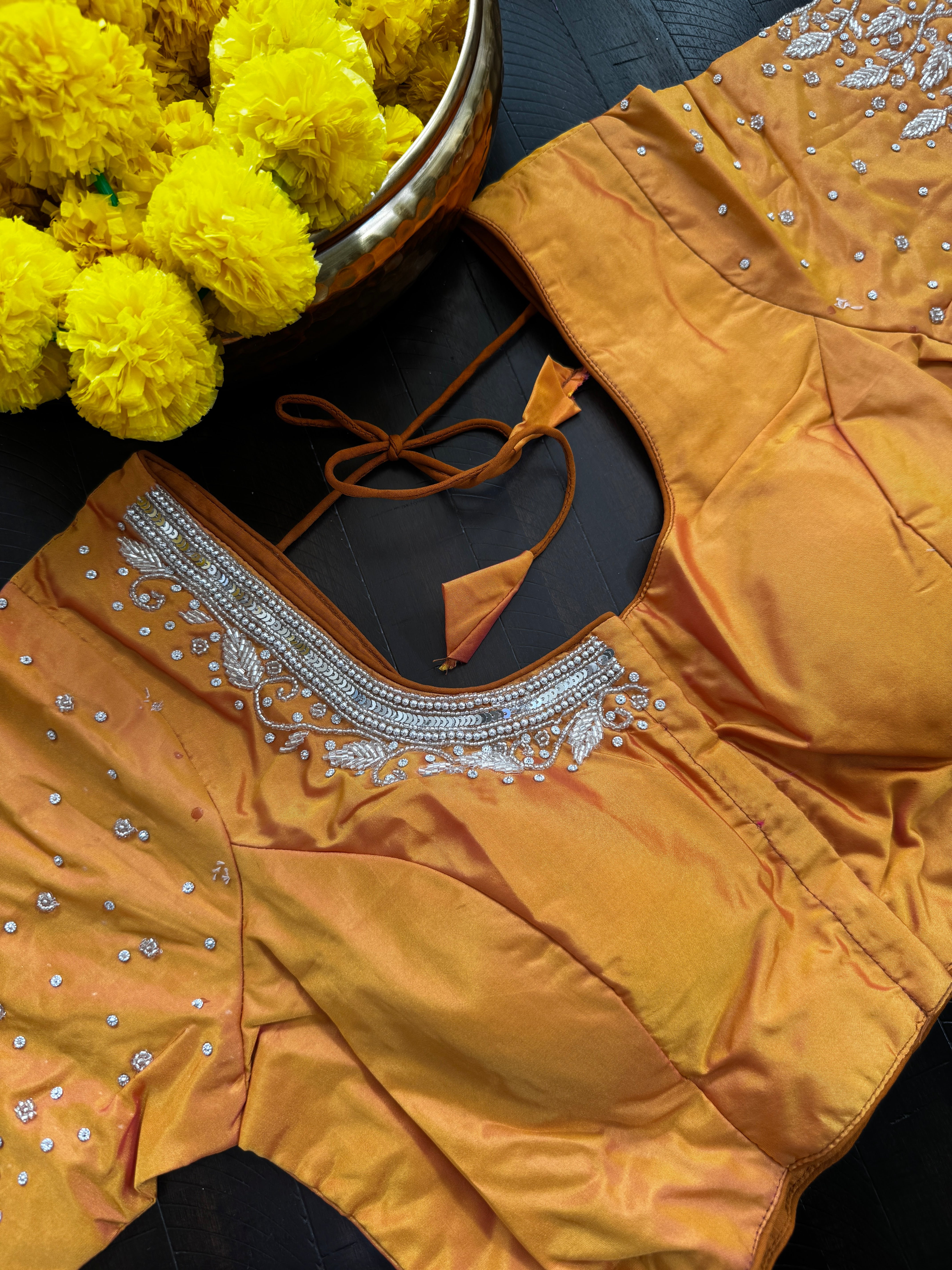 Maggam Work Readymade Padded Blouse front hooks with sleeves - Orange