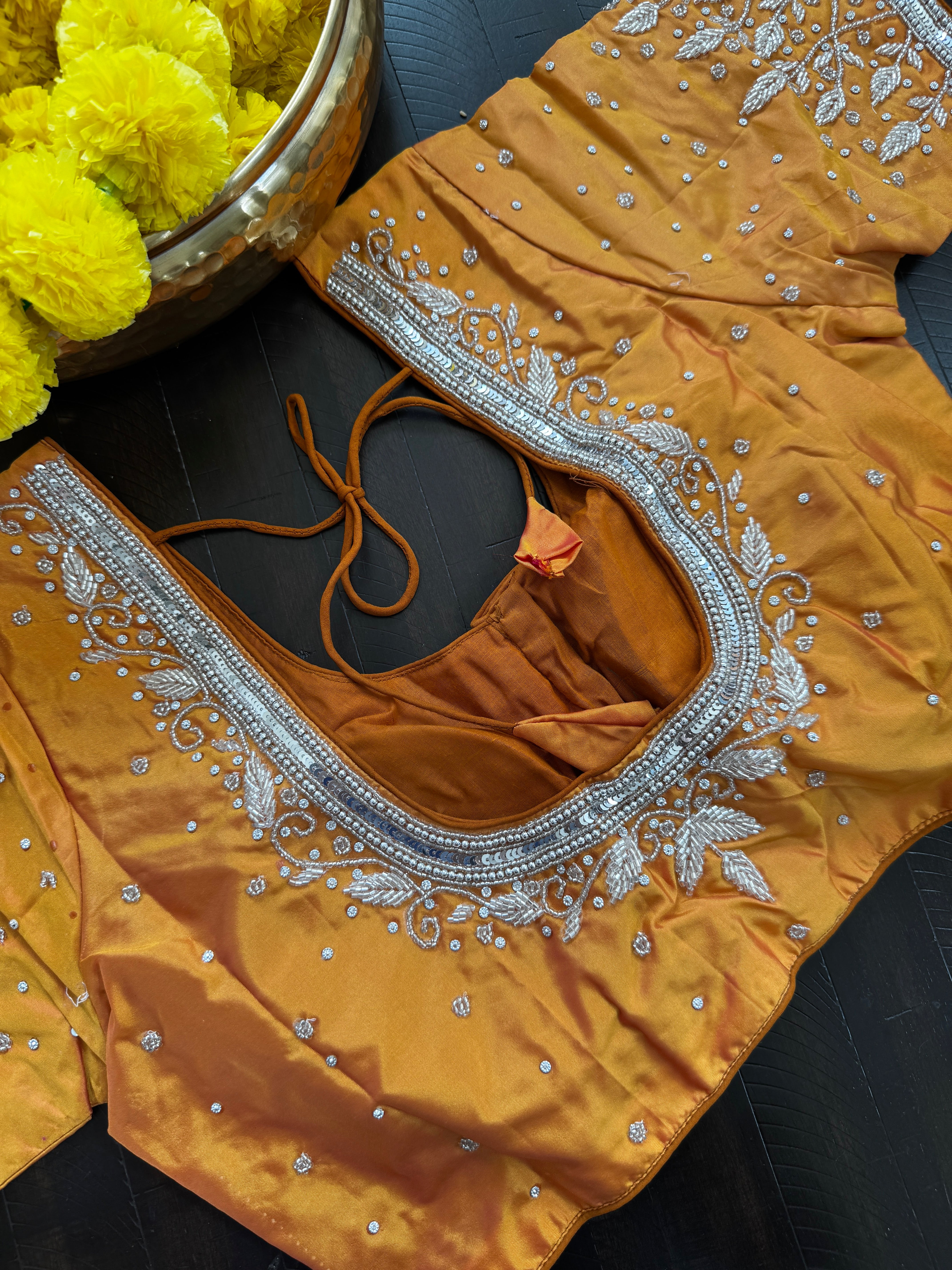 Maggam Work Readymade Padded Blouse front hooks with sleeves - Orange