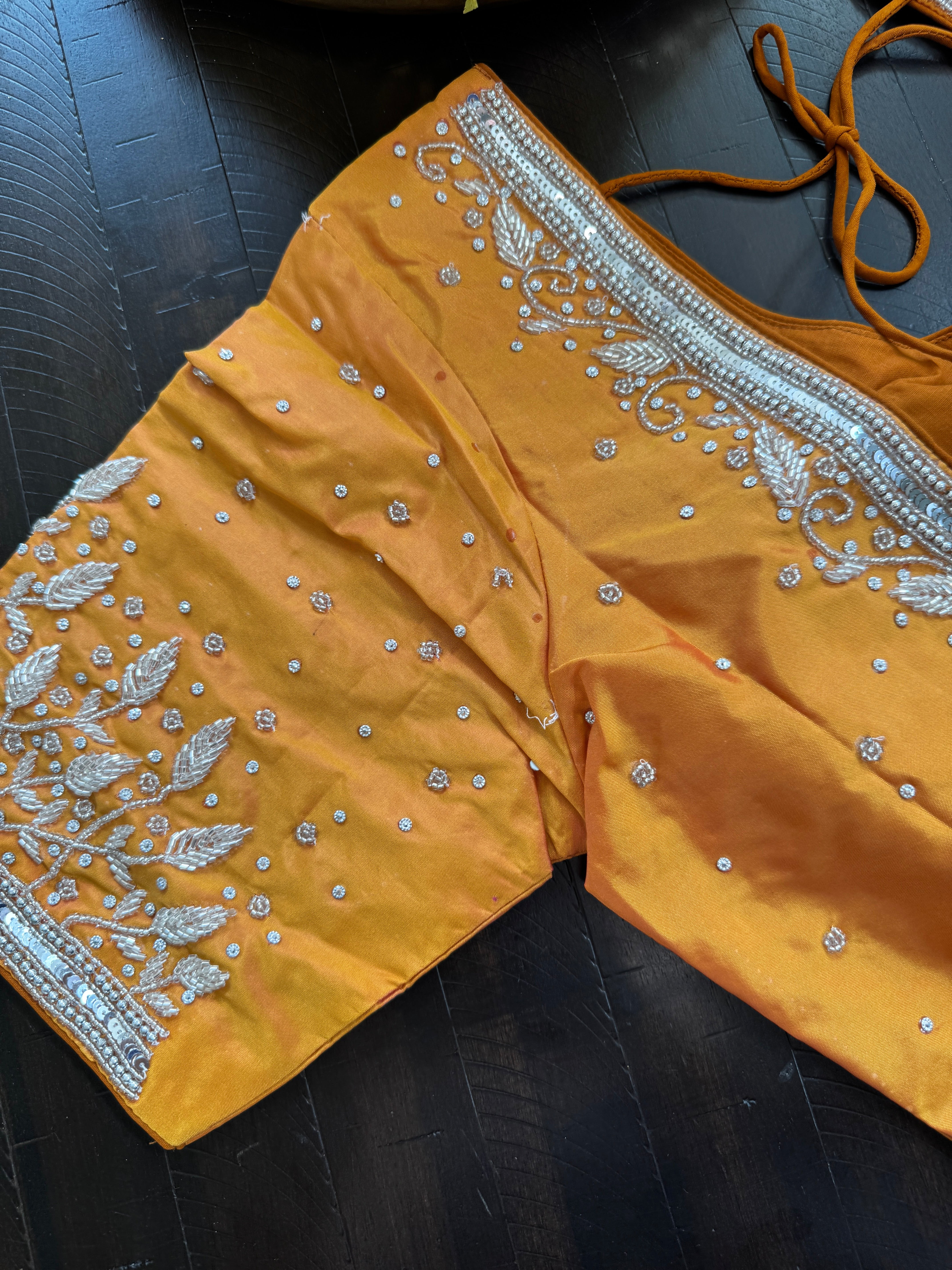 Maggam Work Readymade Padded Blouse front hooks with sleeves - Orange