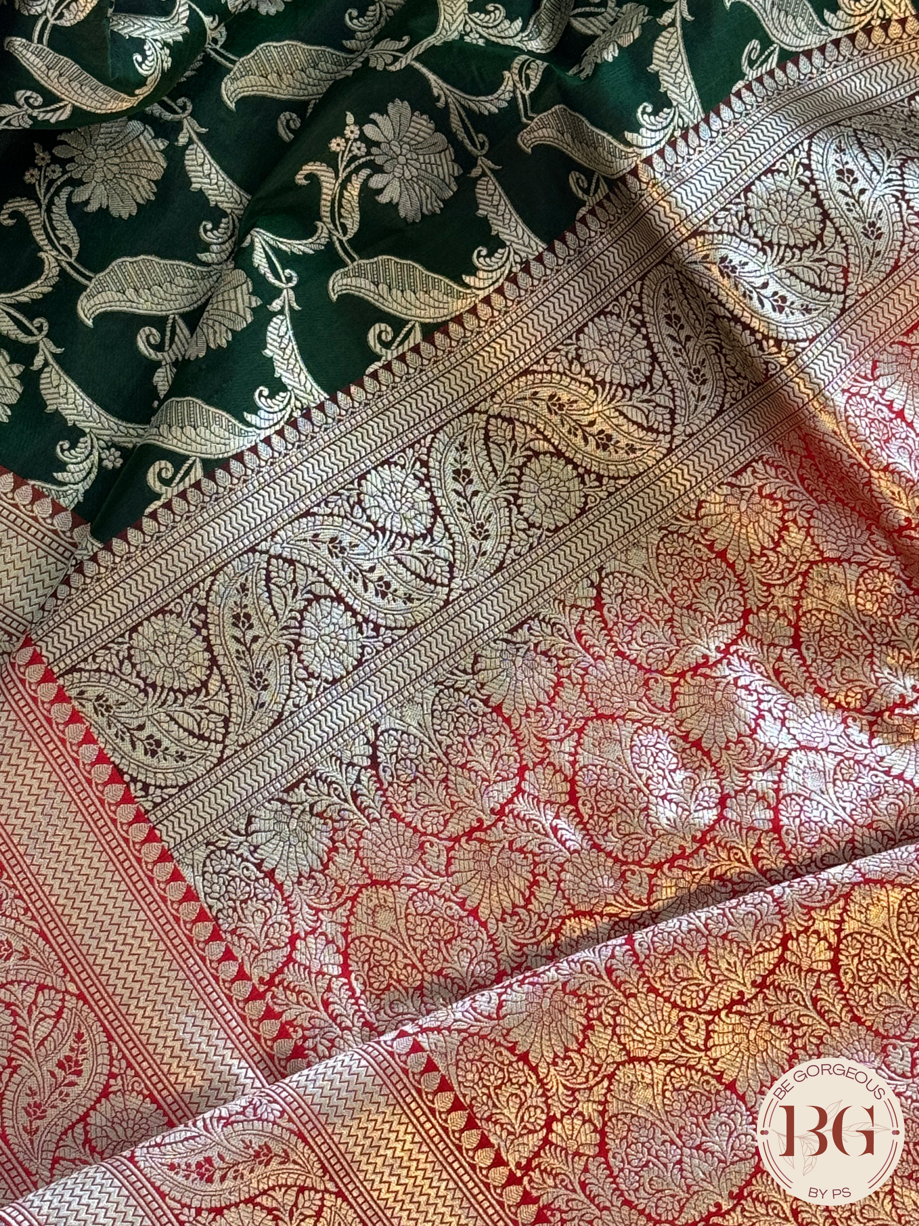 Pure Banarasi Handloom Katan Silk Contrast Border Pallu Golden Zari Cutwork Weaving Saree - Green Red
Silkmark certfiied