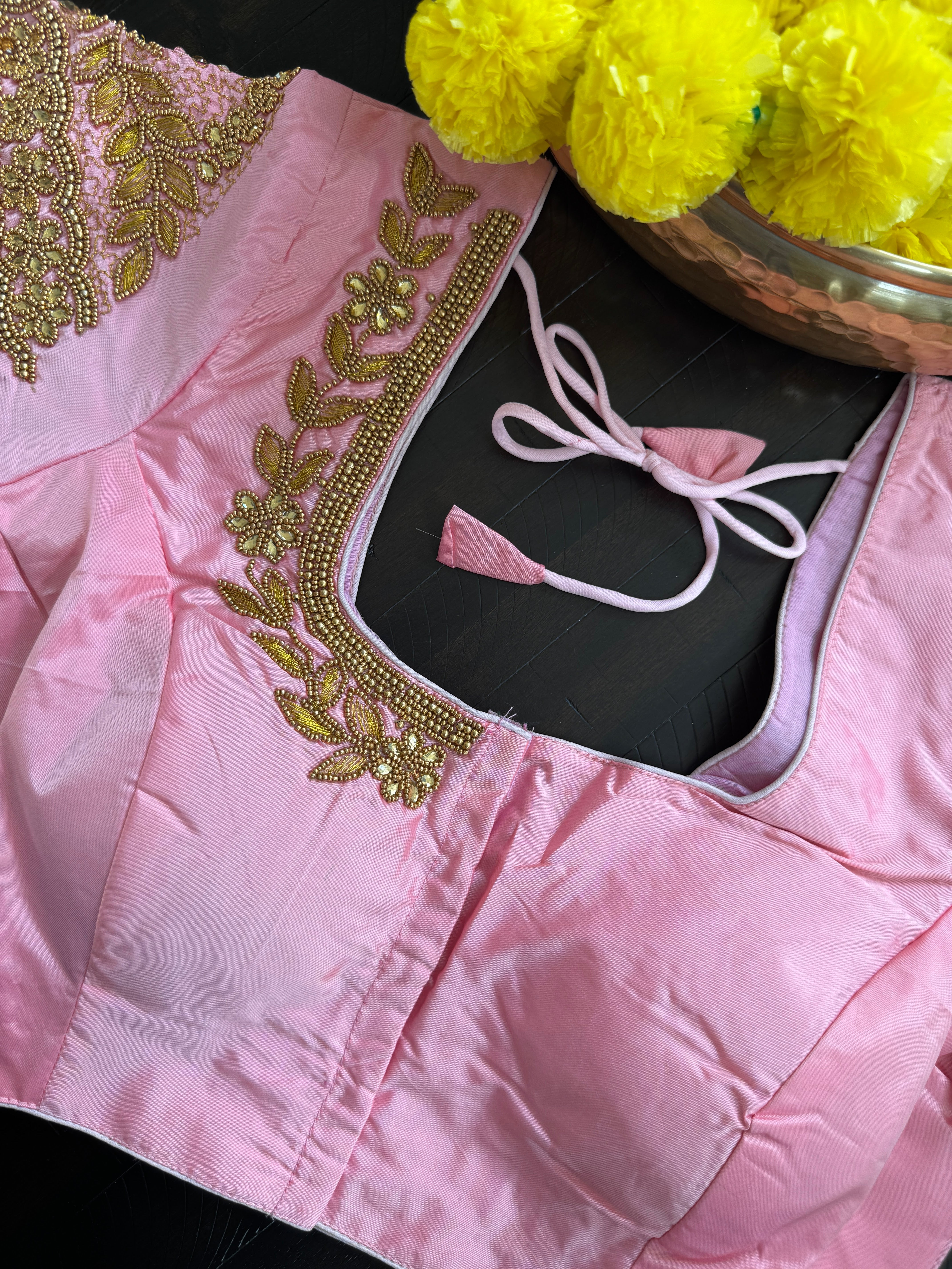 Maggam Work Readymade Padded Blouse front hooks with sleeves - Pastel pink