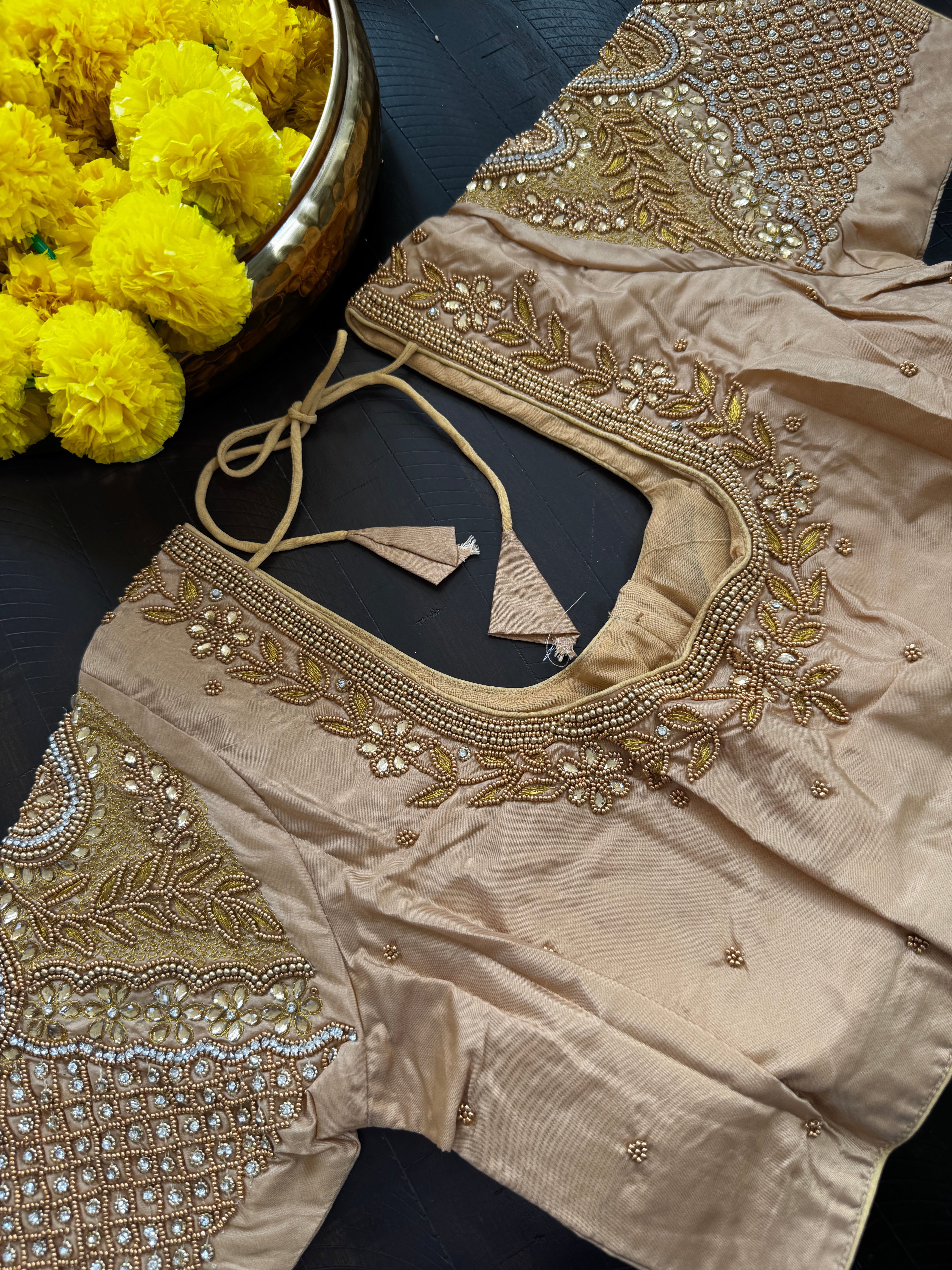 Maggam Work Readymade Padded Blouse front hooks with sleeves - Gold