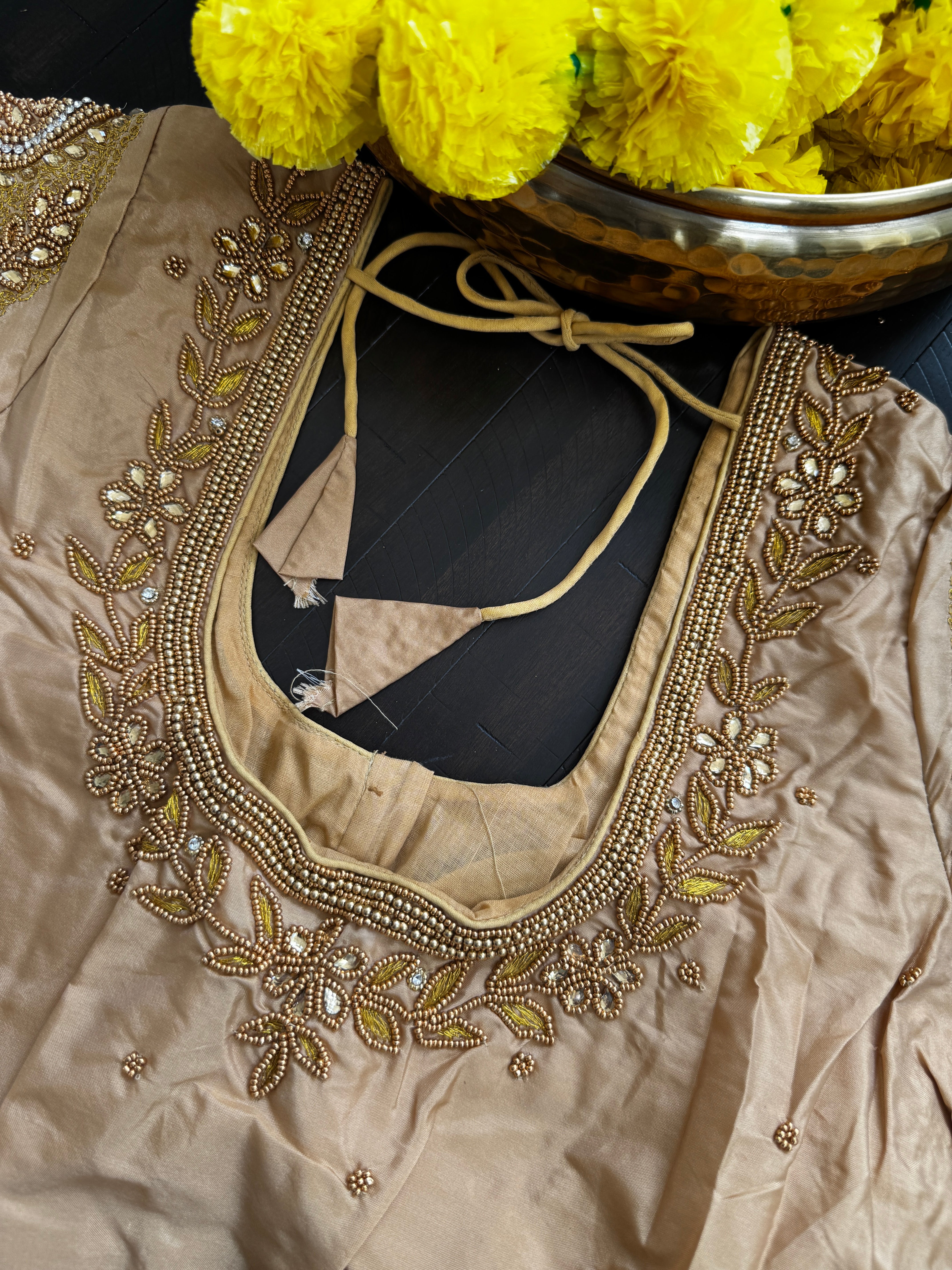 Maggam Work Readymade Padded Blouse front hooks with sleeves - Gold