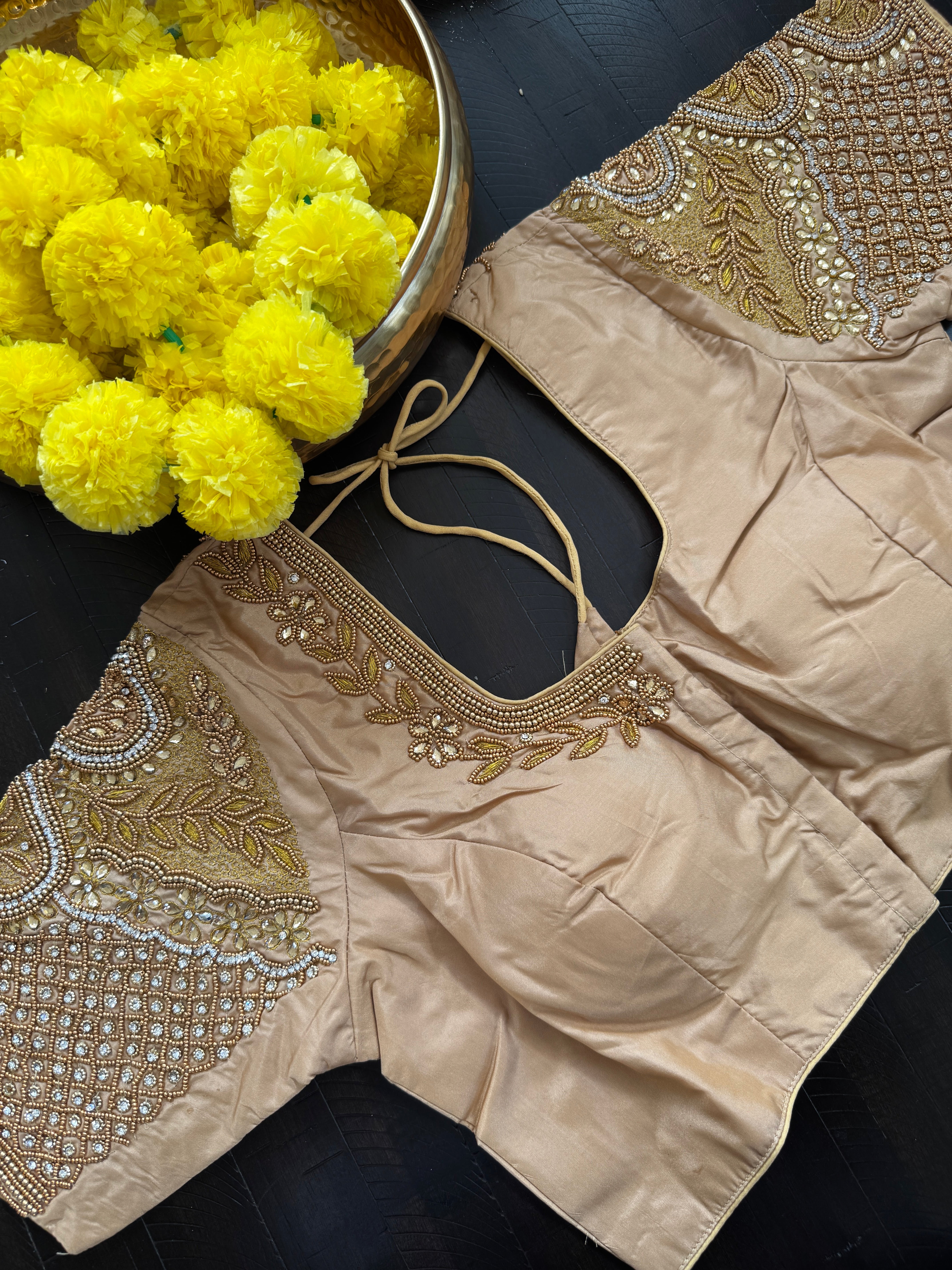 Maggam Work Readymade Padded Blouse front hooks with sleeves - Gold