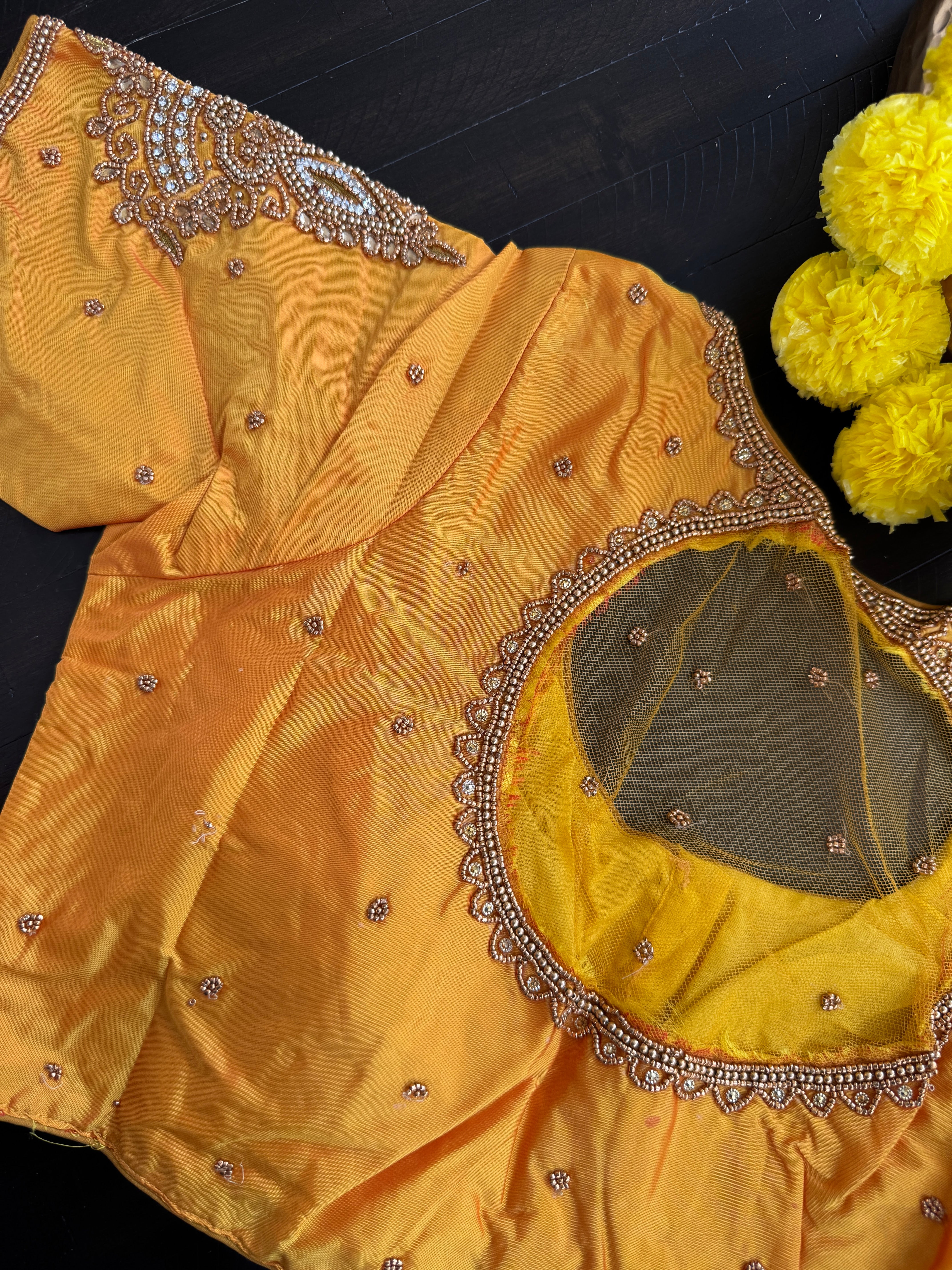 Maggam Work Readymade Padded Blouse front hooks with sleeves - Yellow