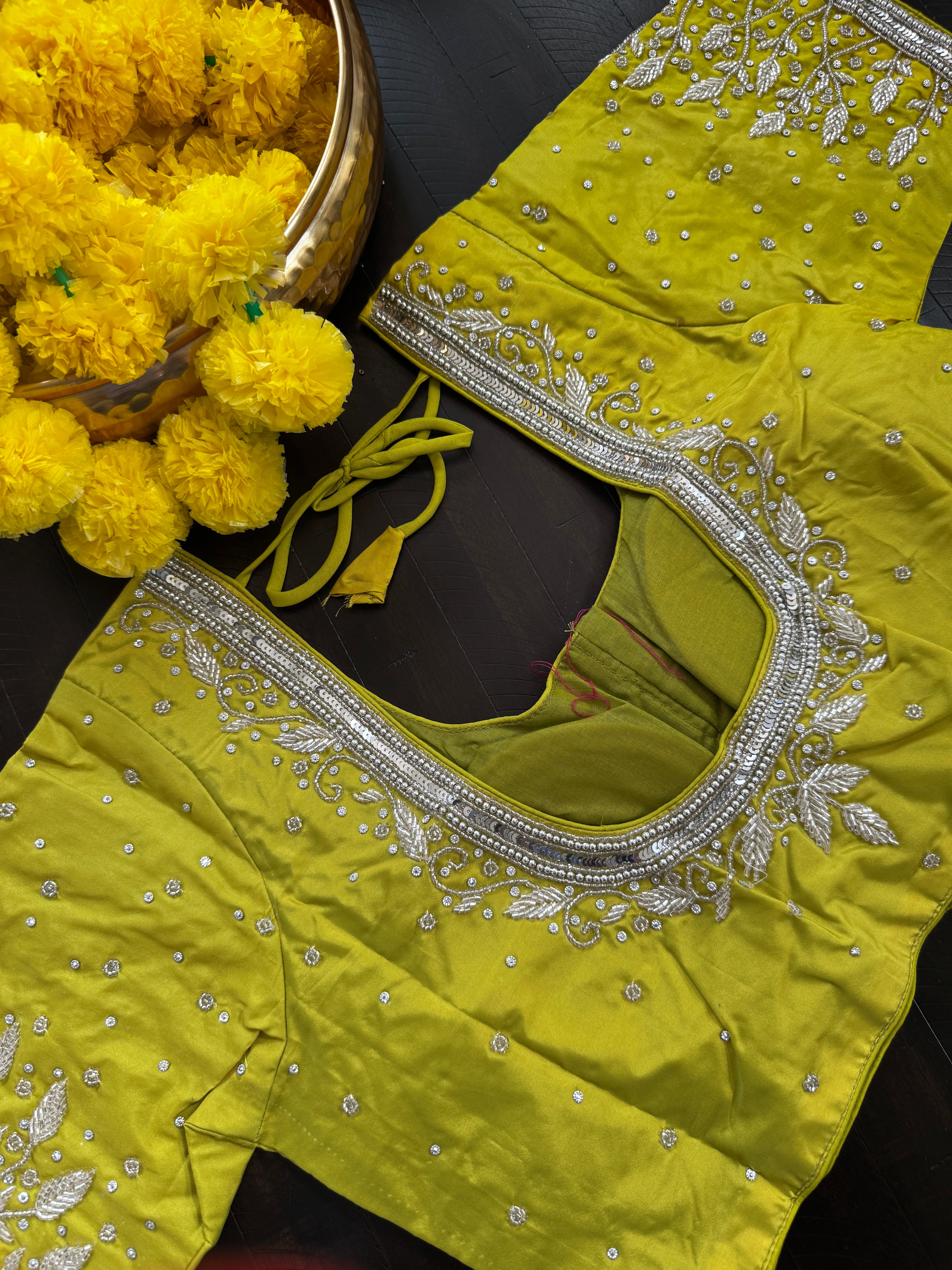 Maggam Work Readymade Padded Blouse front hooks with sleeves - Green