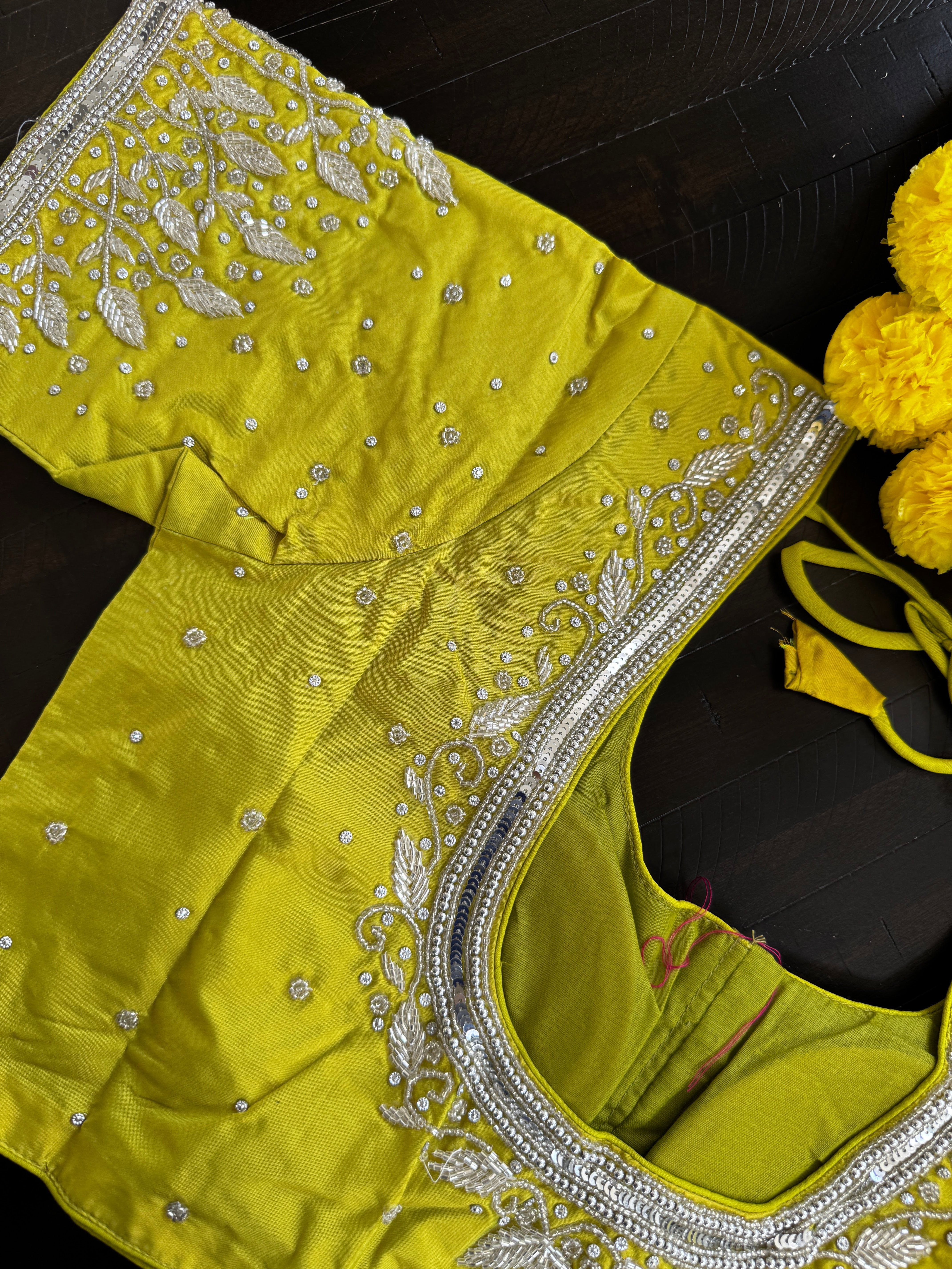 Maggam Work Readymade Padded Blouse front hooks with sleeves - Green