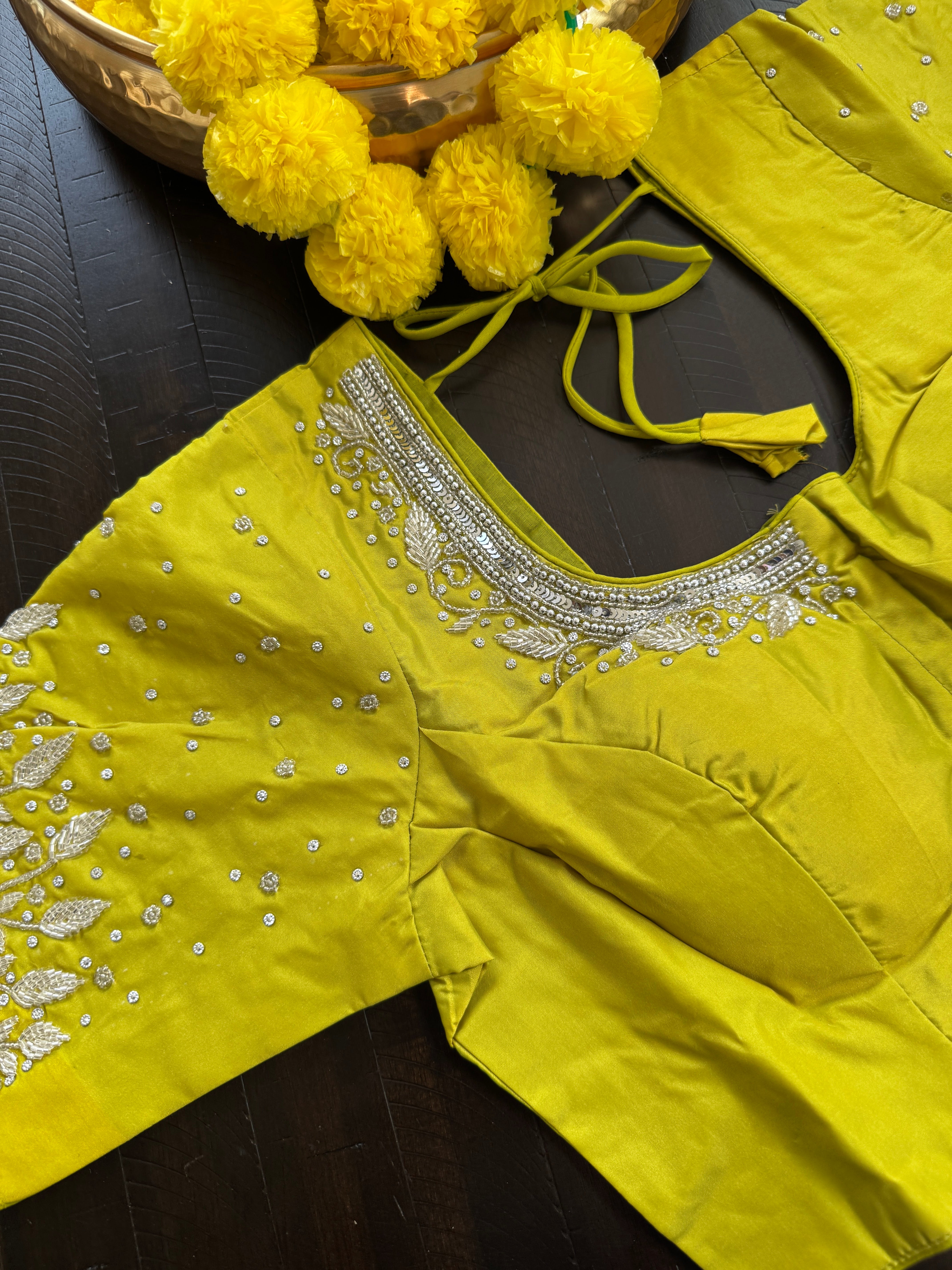 Maggam Work Readymade Padded Blouse front hooks with sleeves - Green