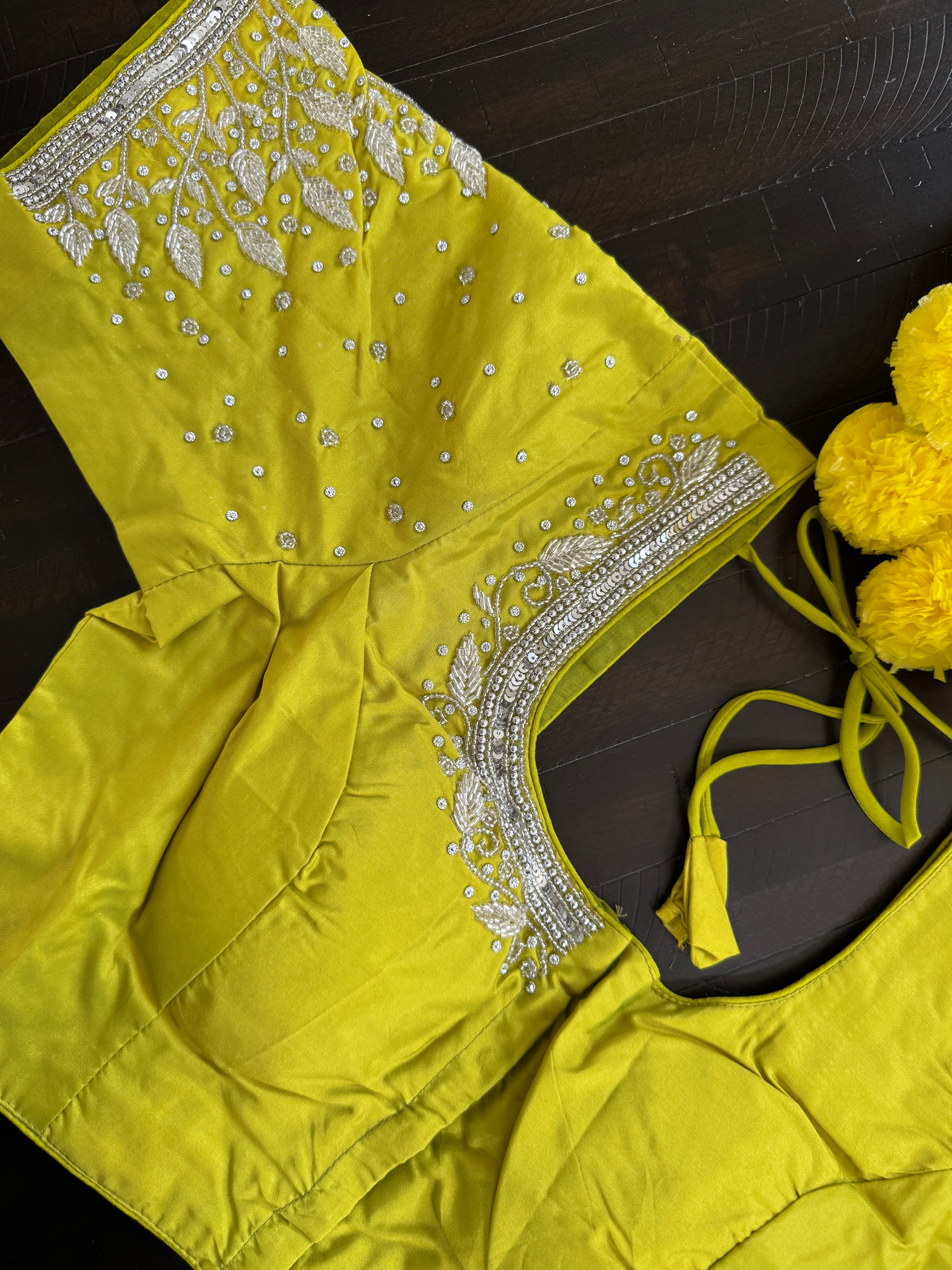 Maggam Work Readymade Padded Blouse front hooks with sleeves - Green