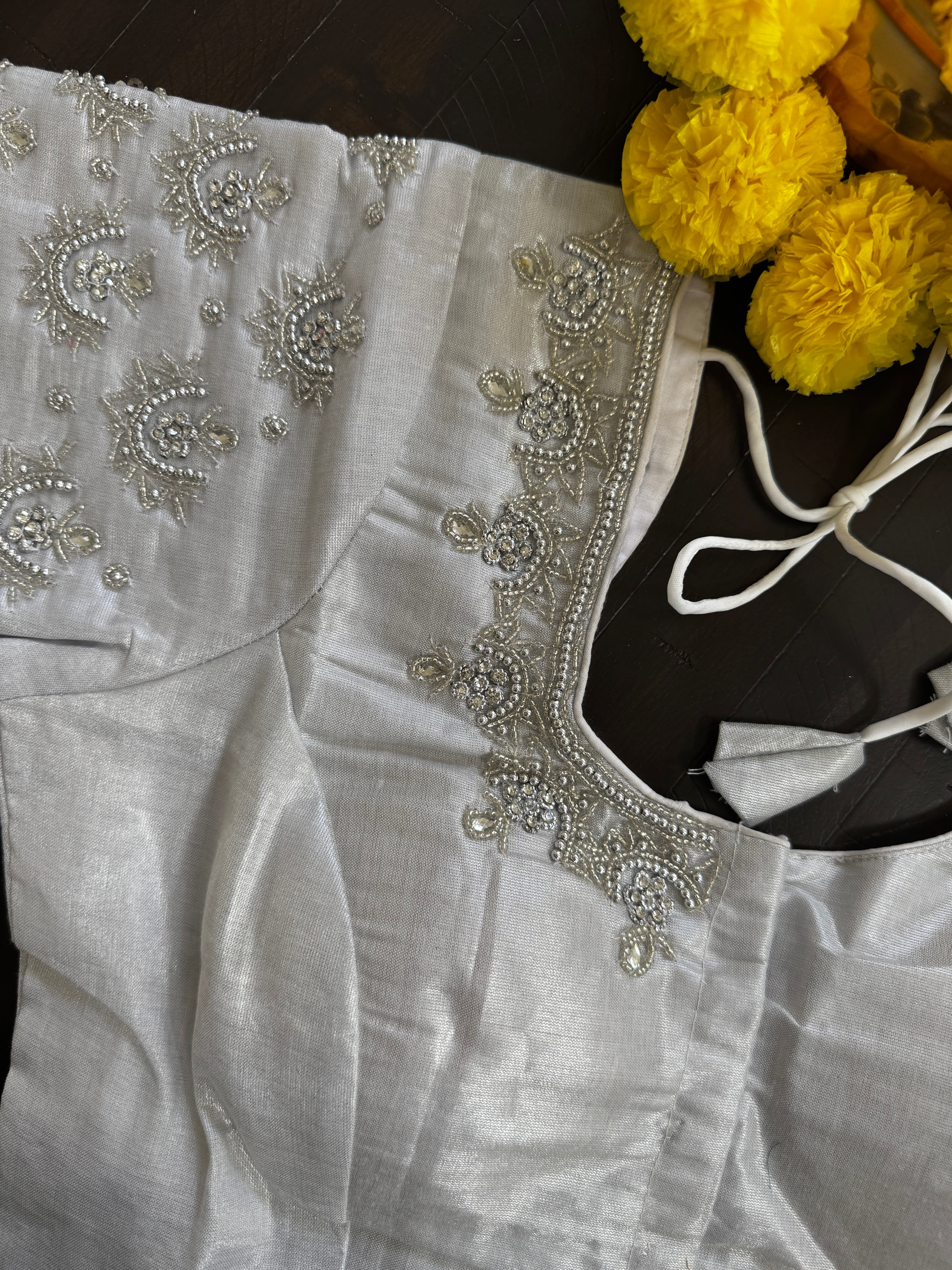 Maggam Work Readymade Padded Blouse front hooks with sleeves - White