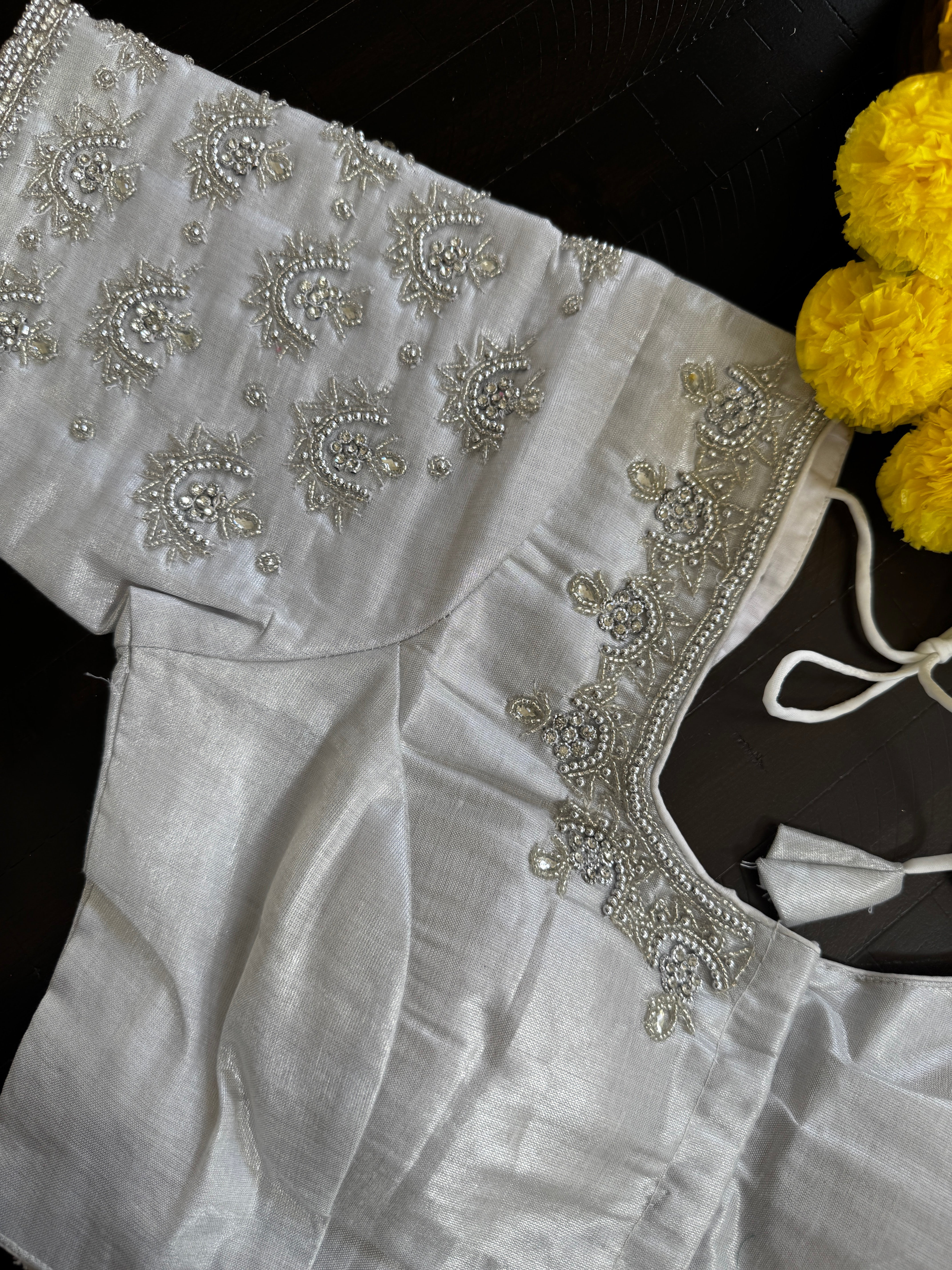 Maggam Work Readymade Padded Blouse front hooks with sleeves - White