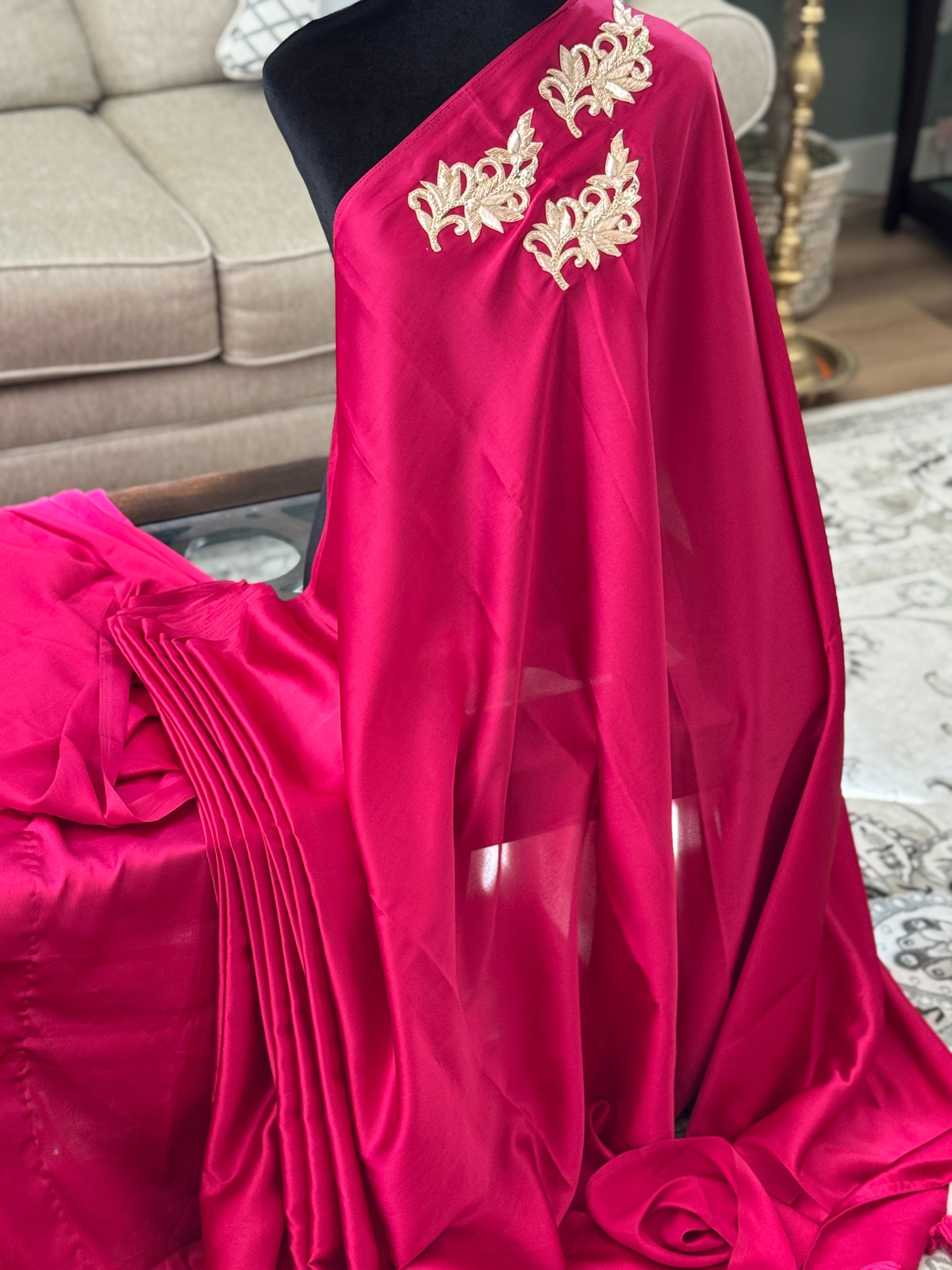 Wine satin saree with patch and lace