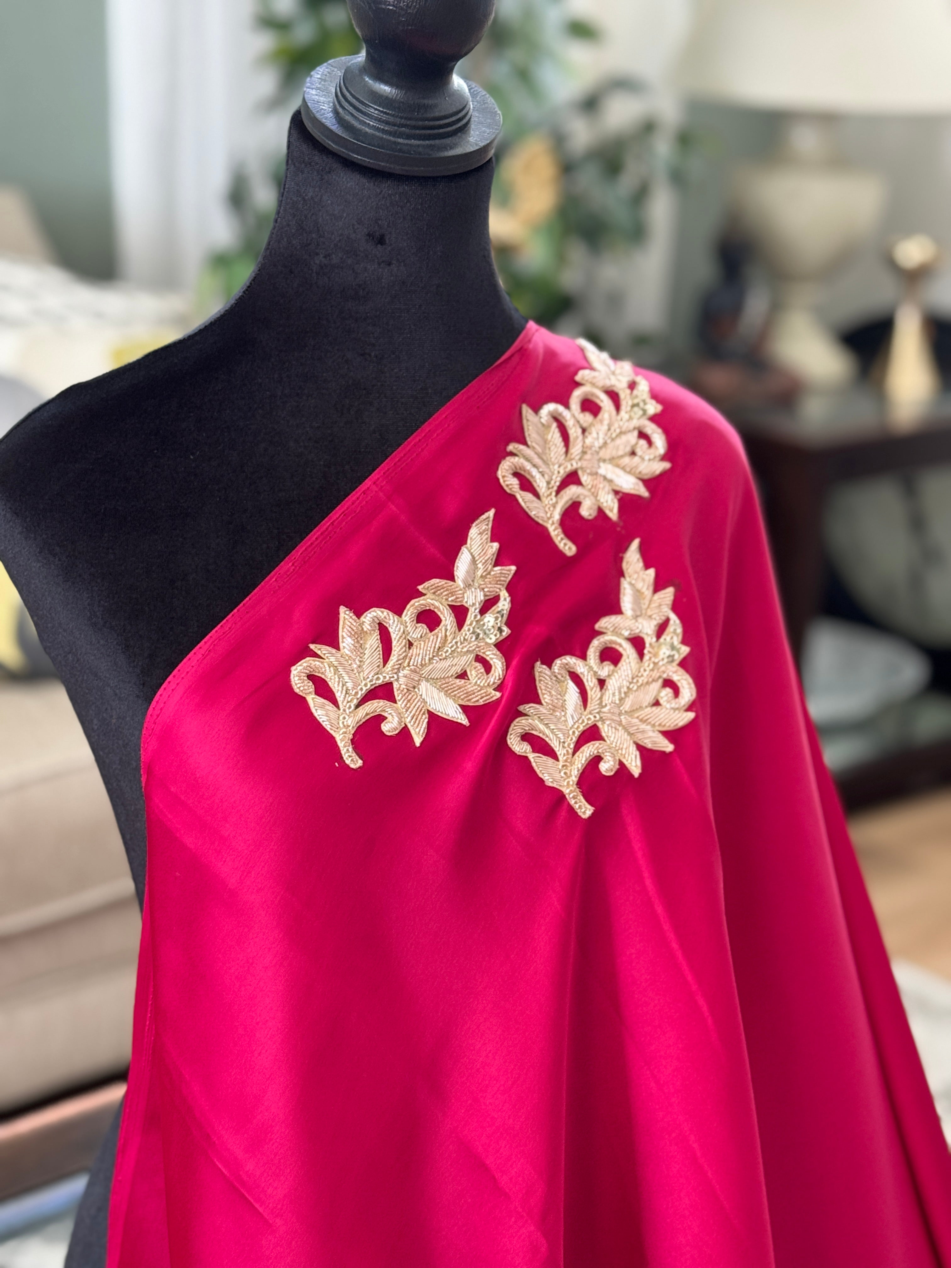 Wine satin saree with patch and lace