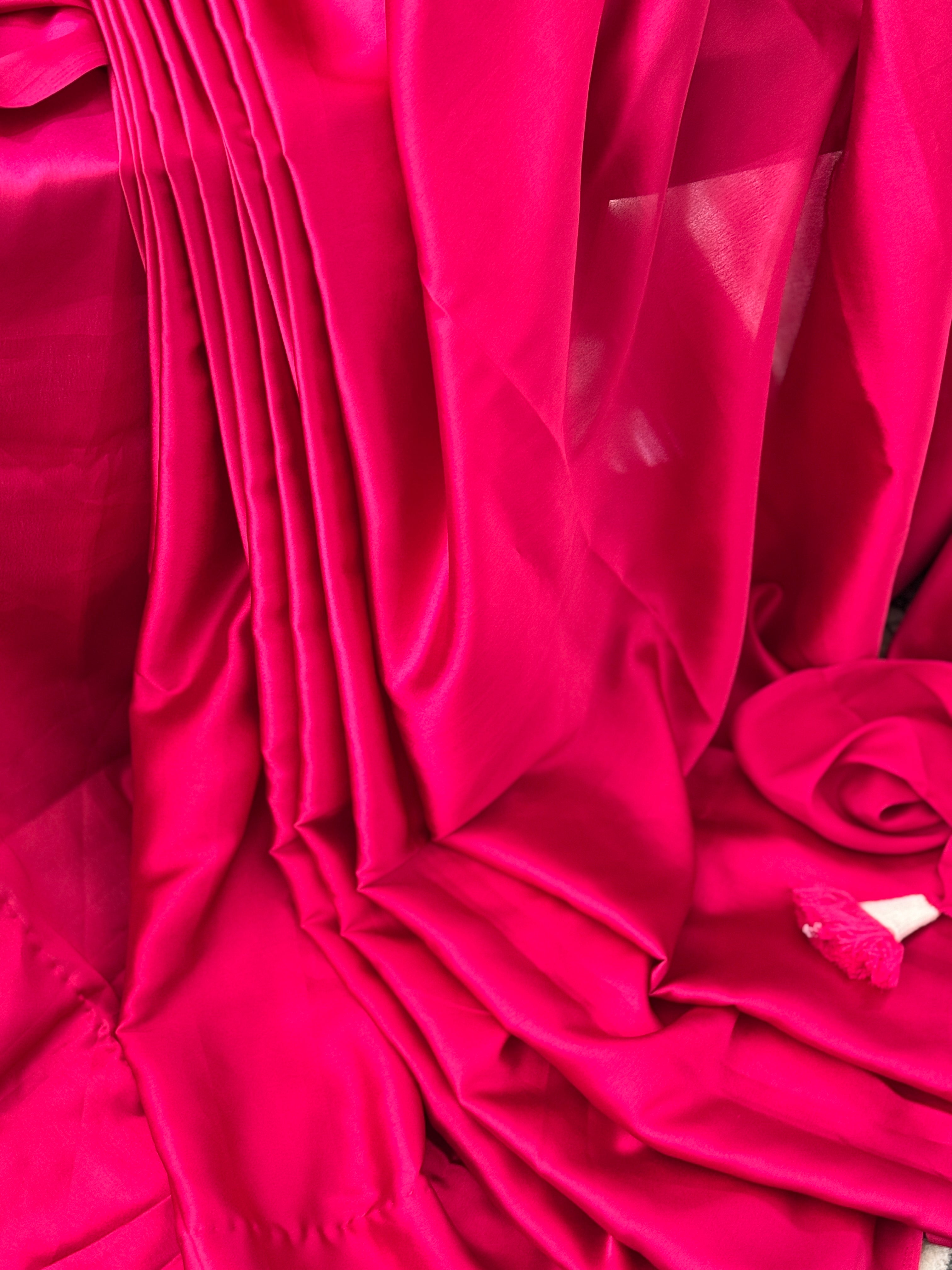 Wine satin saree with patch and lace