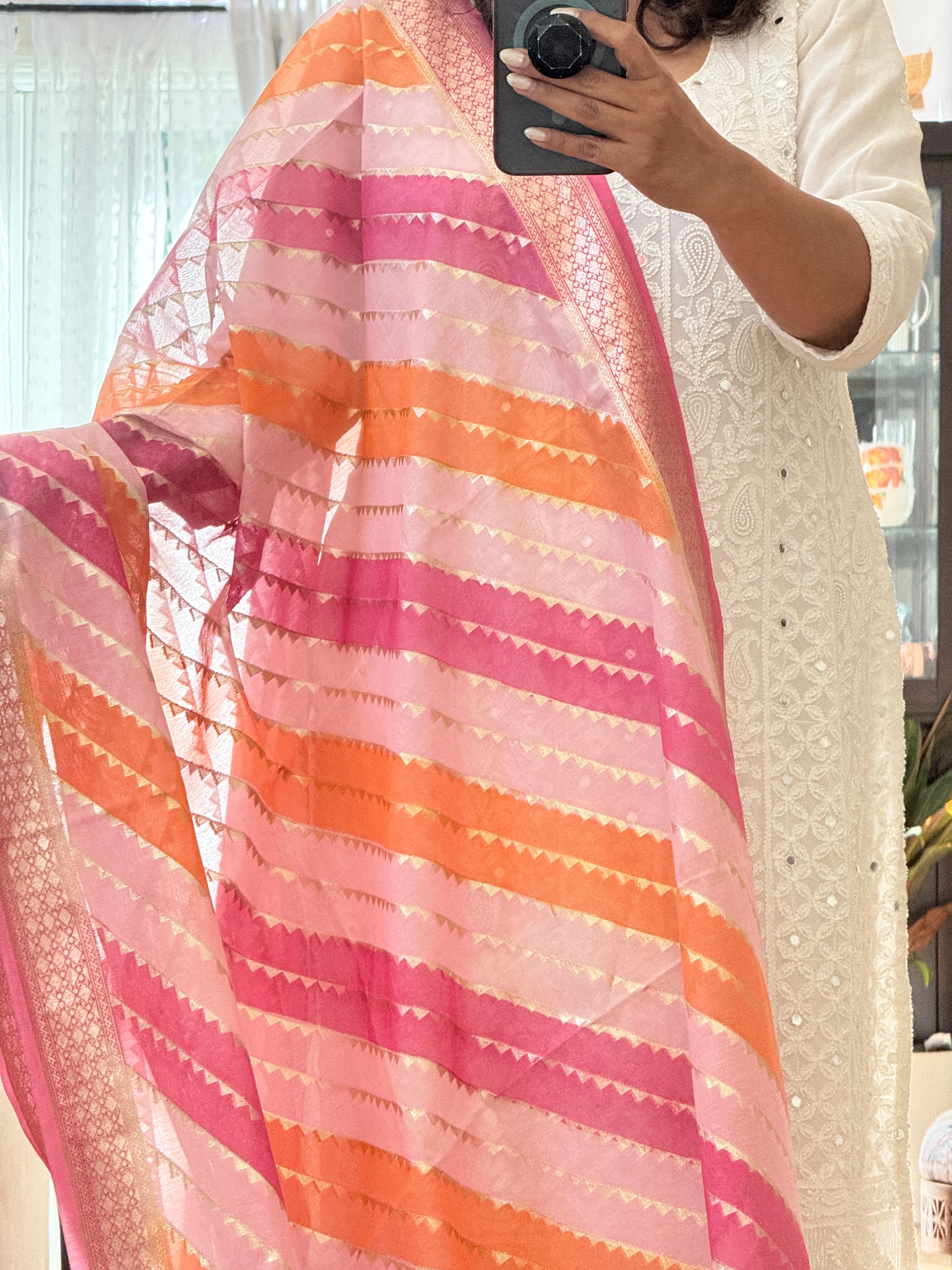 Pure Chanderi Rangkat dupatta - light pink