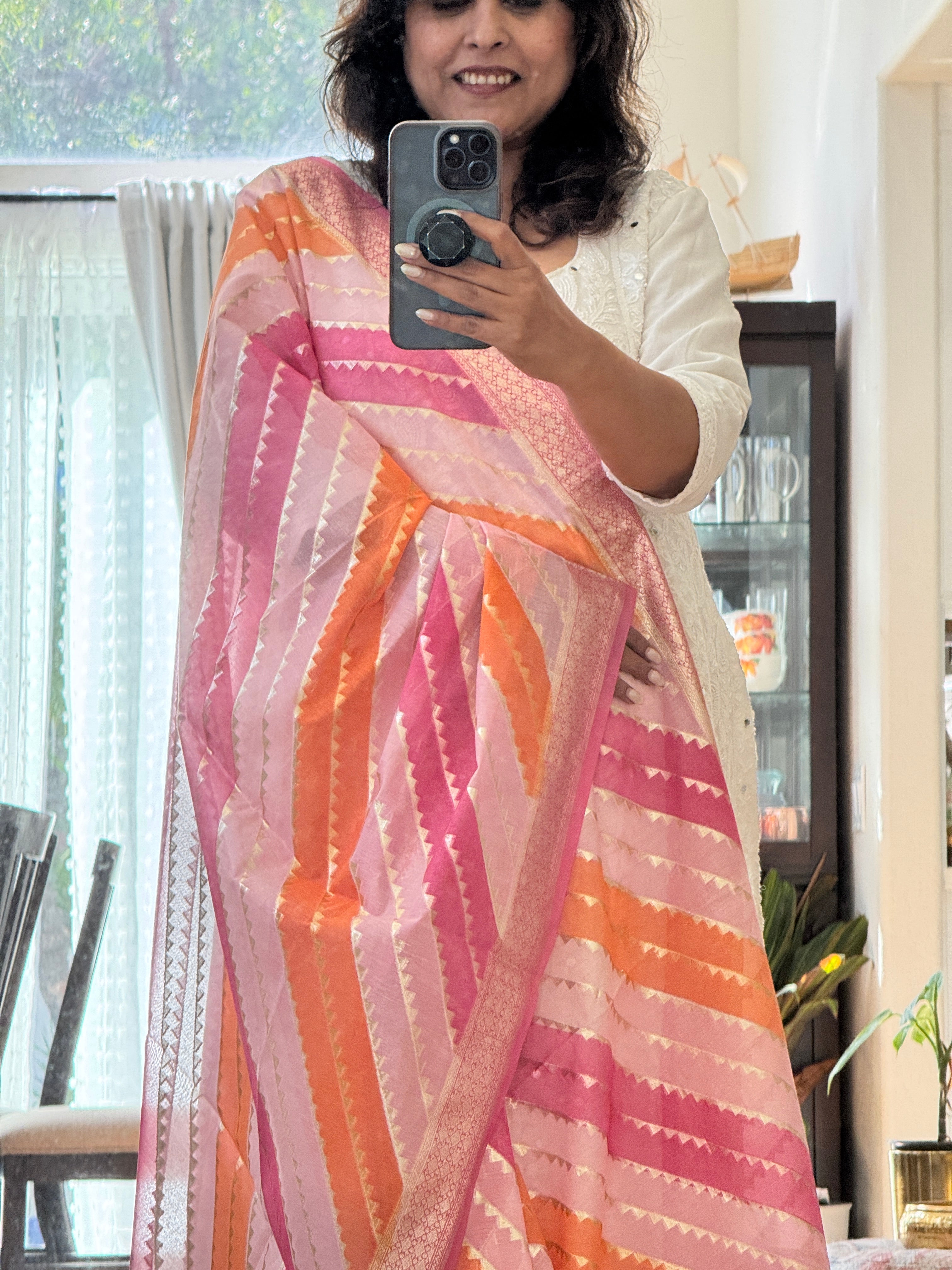 Pure Chanderi Rangkat dupatta - light pink