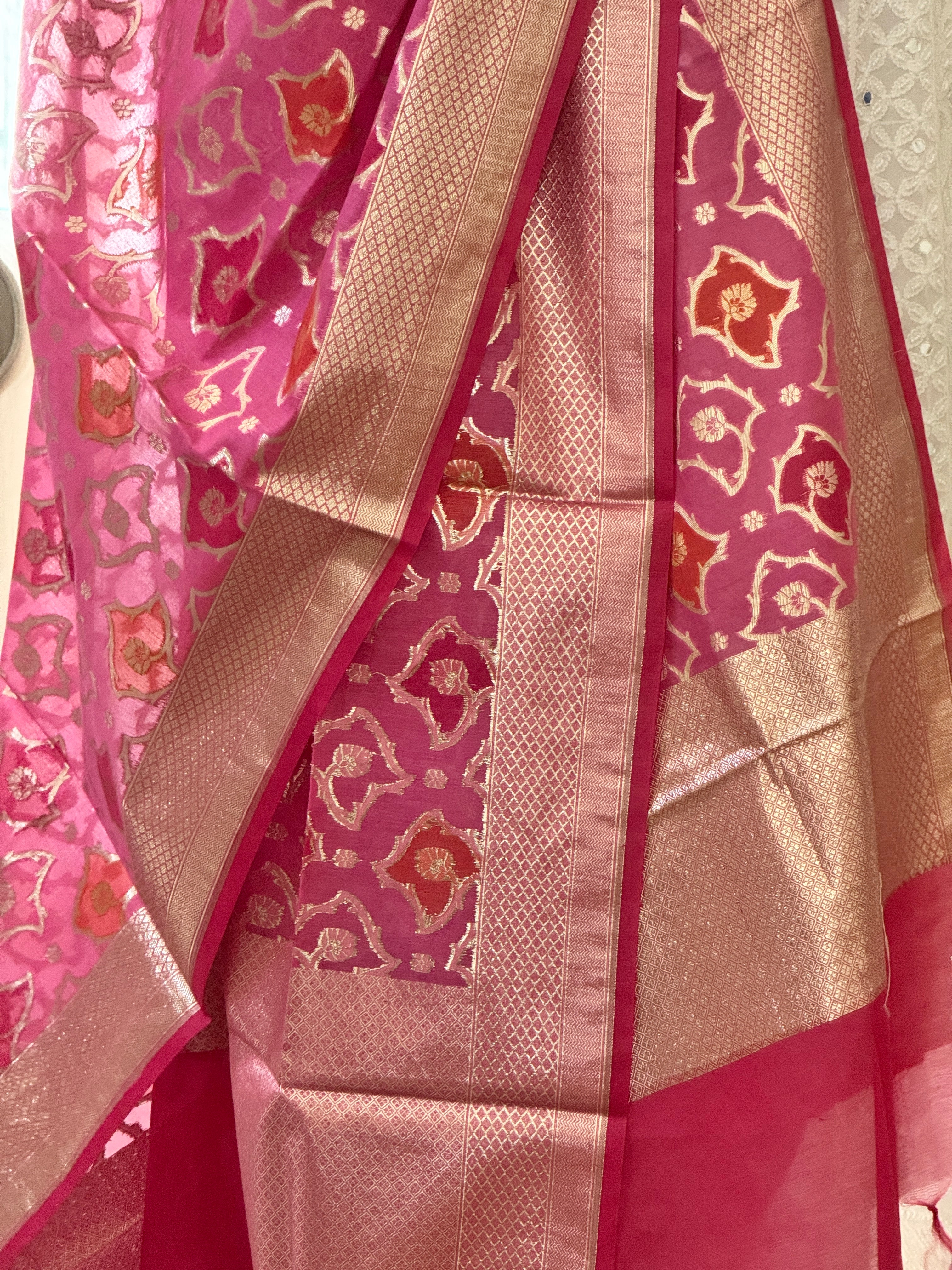 Pure Chanderi Rangkat dupatta - dark pink