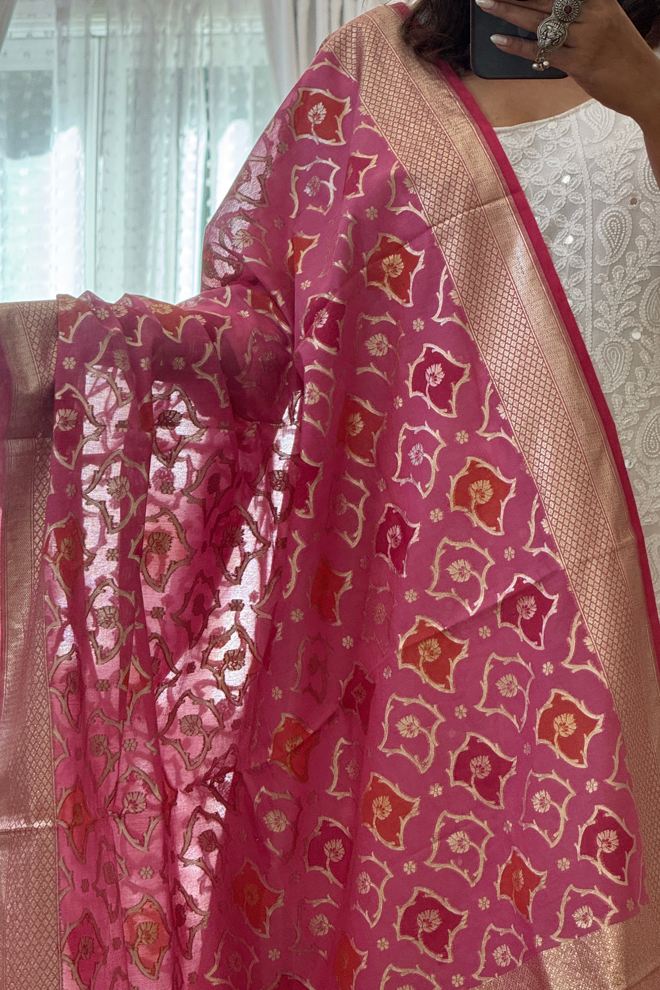 Pure Chanderi Rangkat dupatta - dark pink