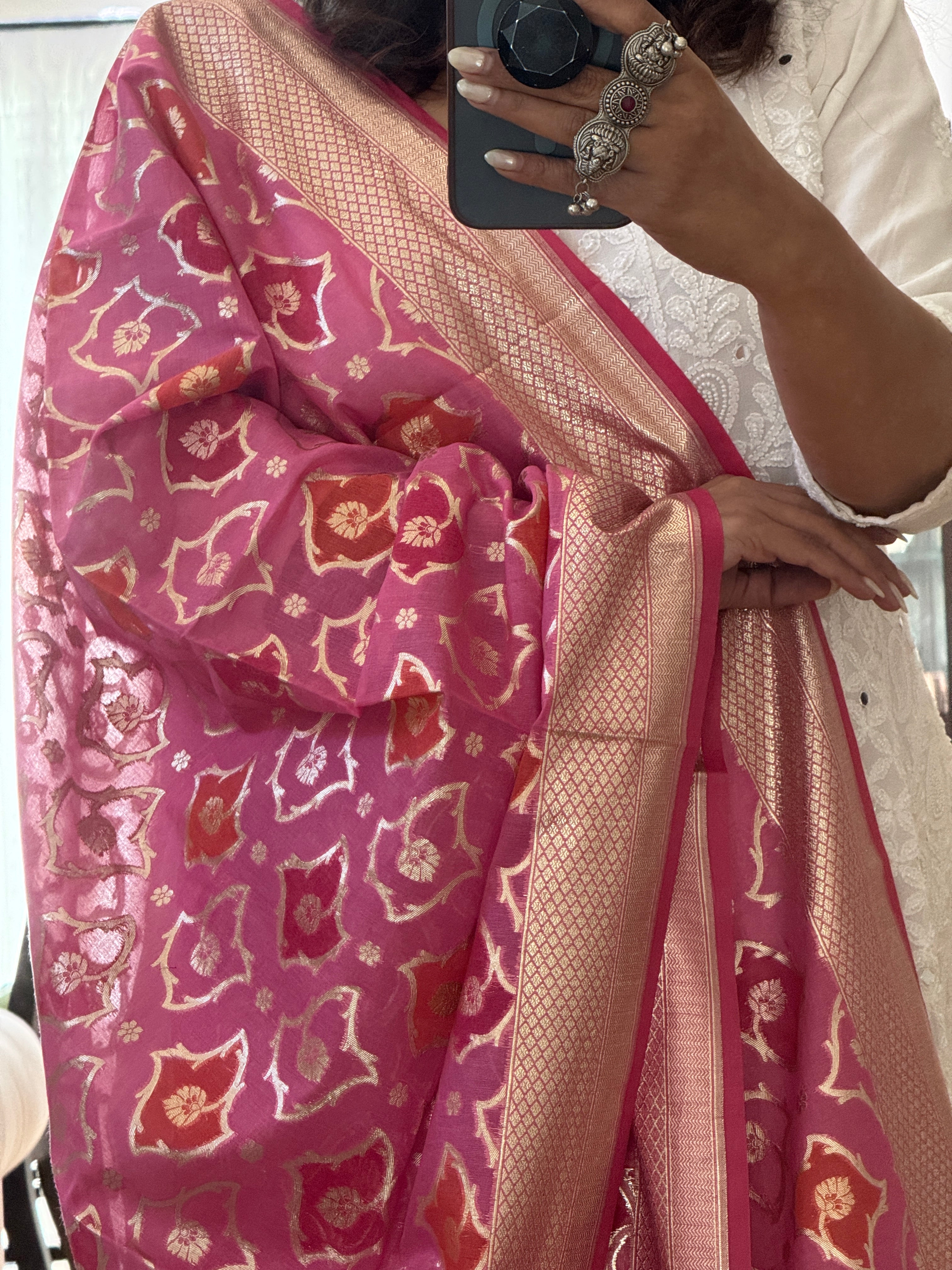 Pure Chanderi Rangkat dupatta - dark pink