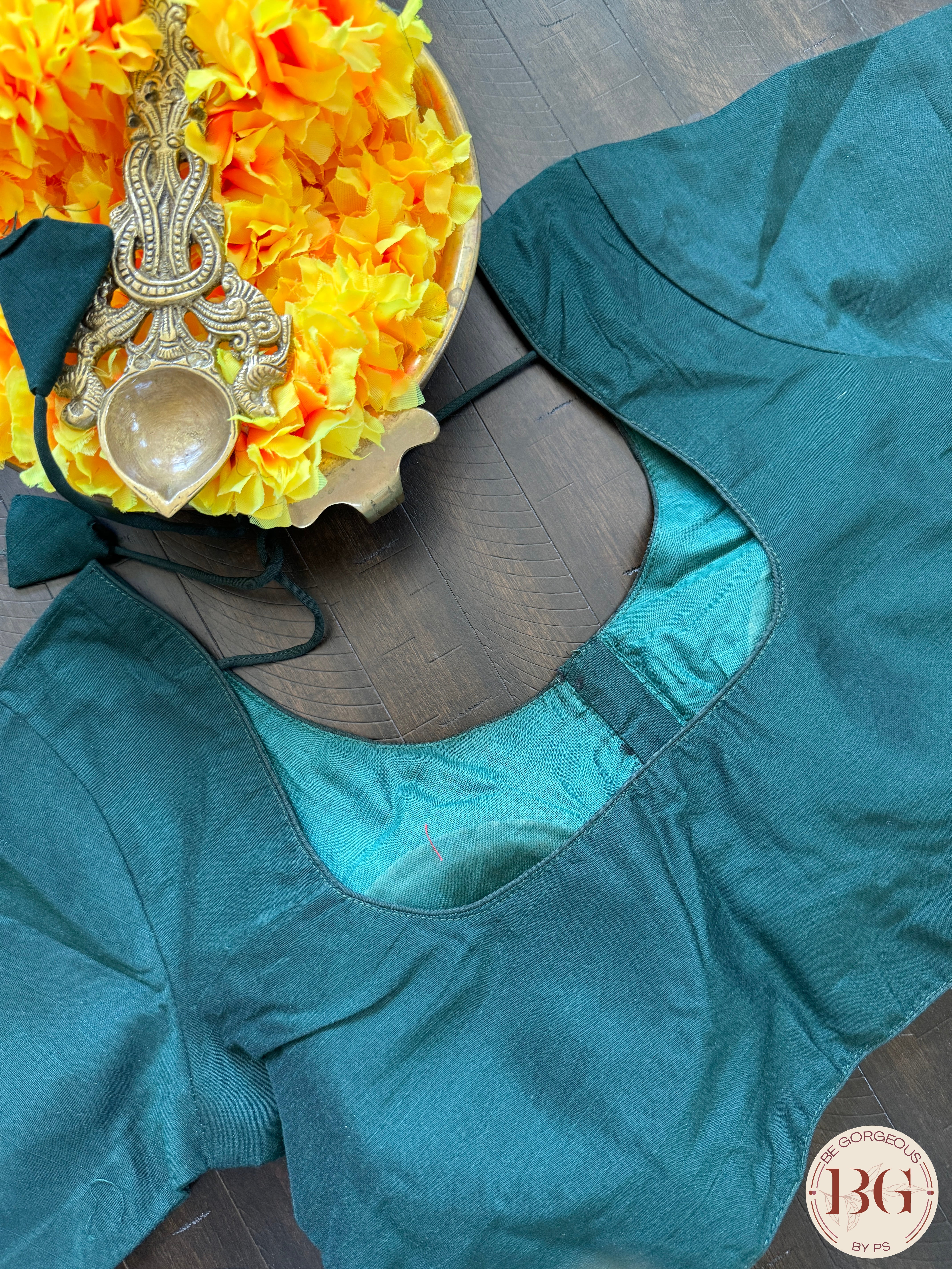 Raw Silk Sleeves blouse color - Bottle Green