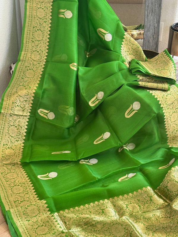 Banarasi Kora Organza Silk Handloom Saree - green