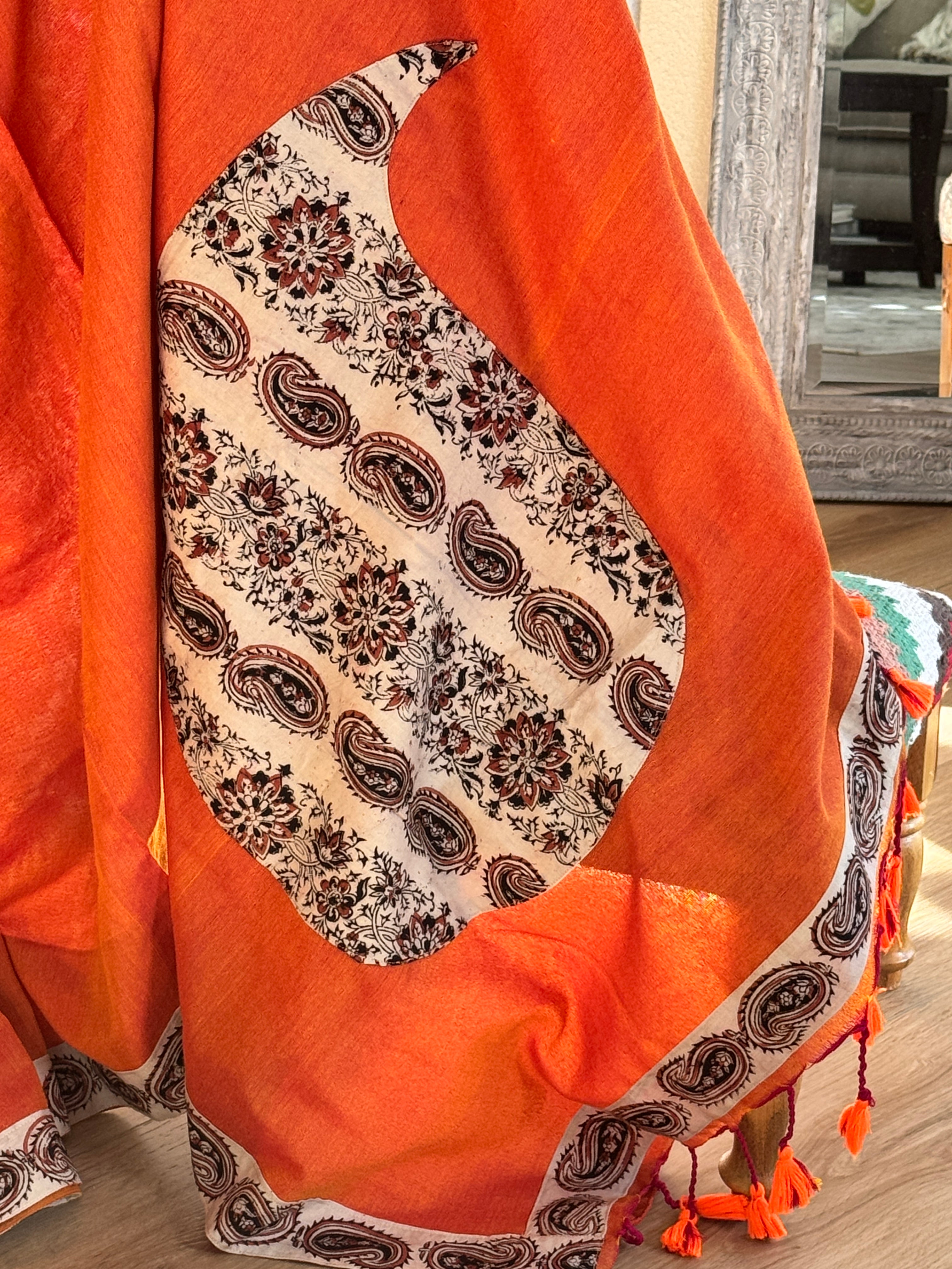 Orange cotton saree with mango border and pallu