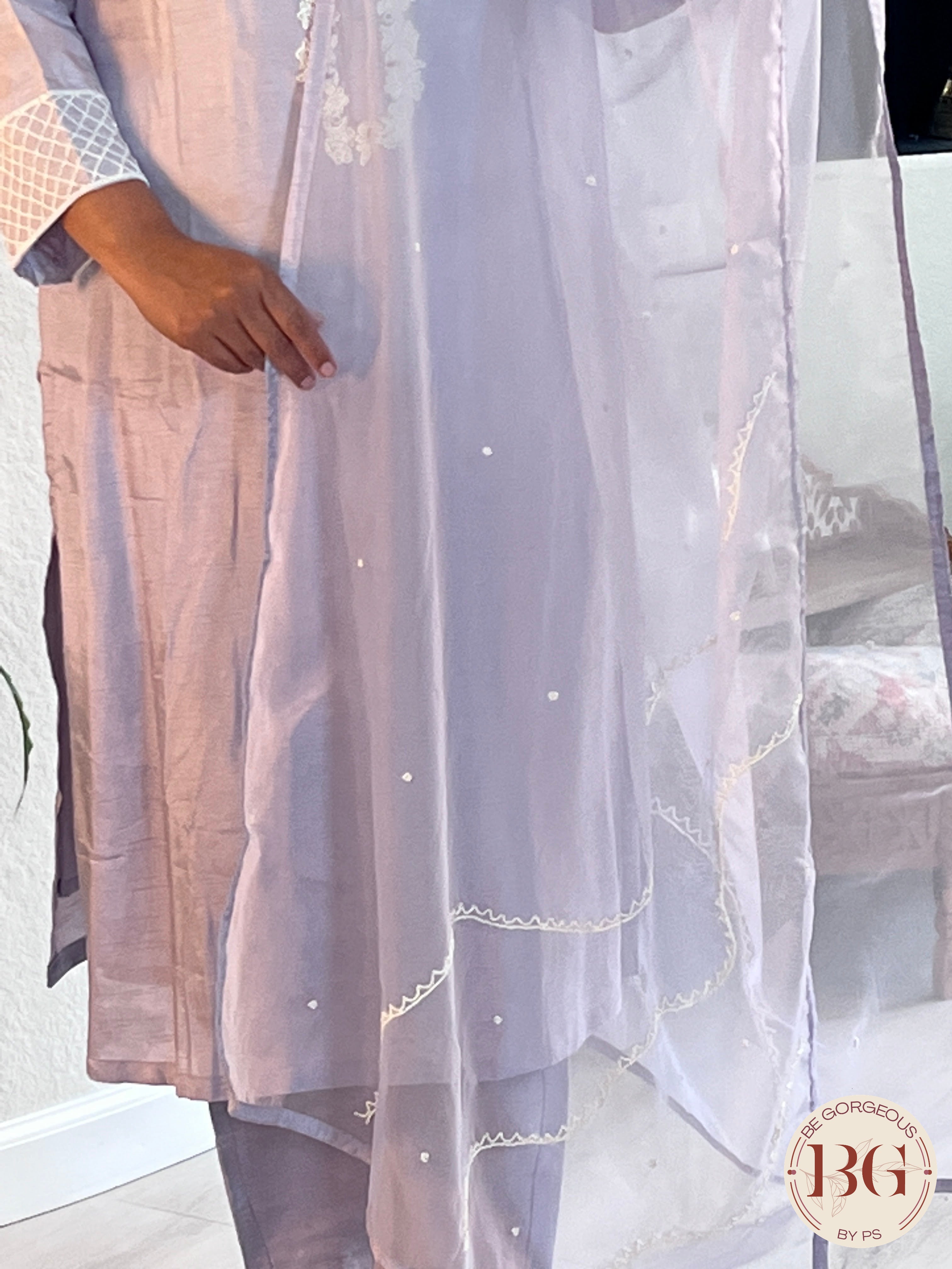 Party wear muslin silk 3 piece suit with organza dupatta in gorgeous lavendar color
