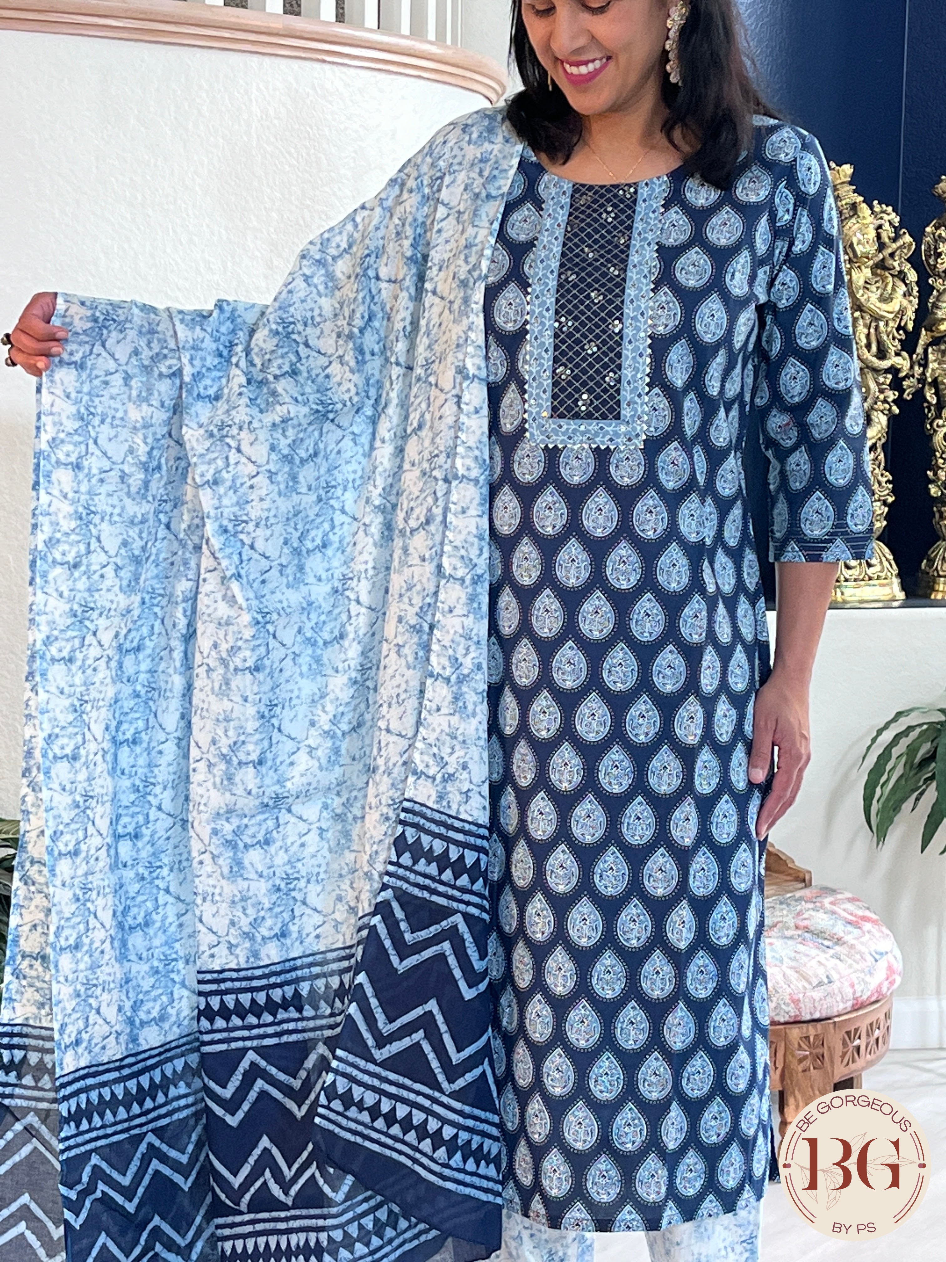 3-piece cotton suit set in gorgeous indigo print