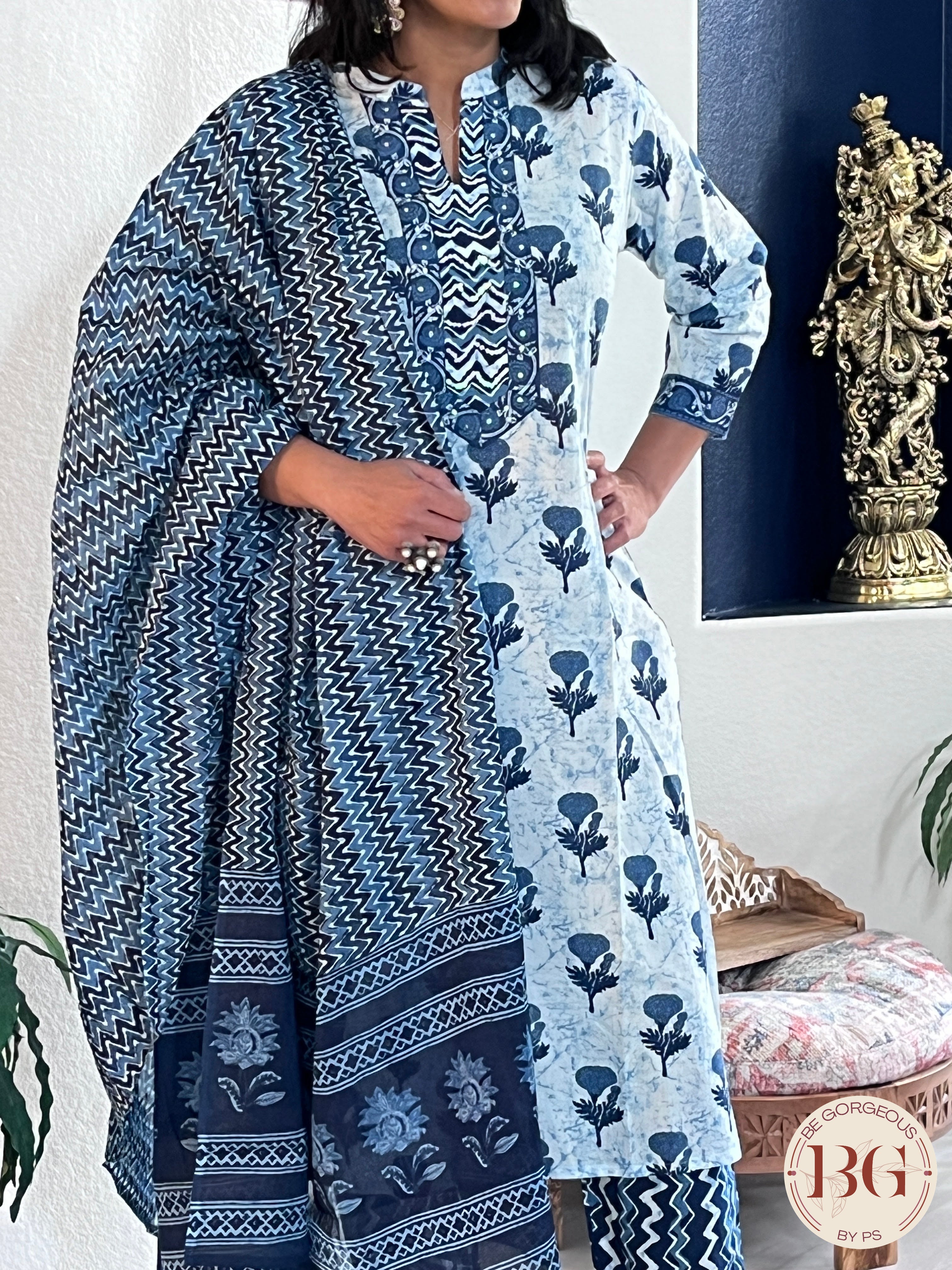 3-piece cotton suit set with indigo print and full size dupatta