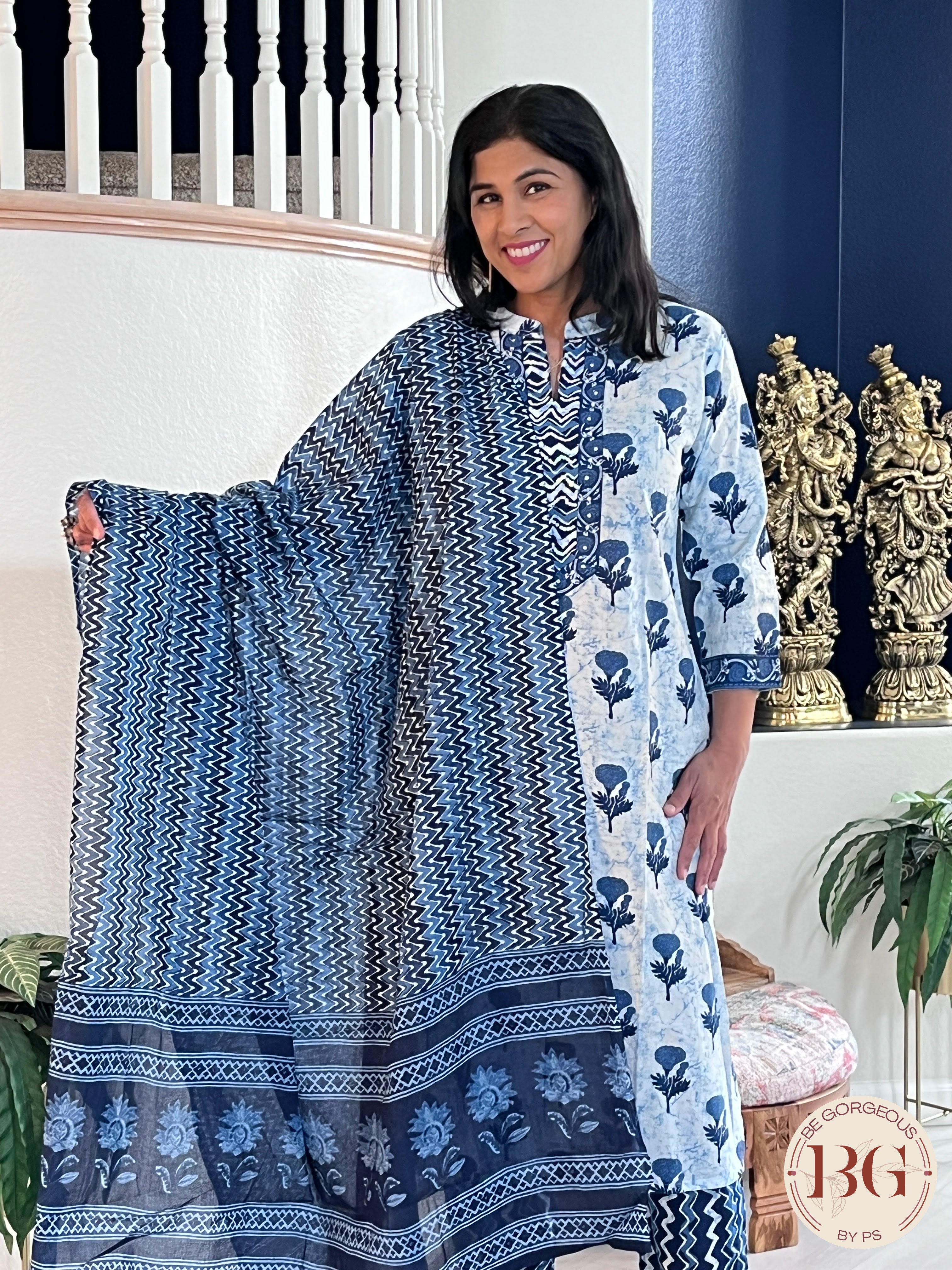 3-piece cotton suit set with indigo print and full size dupatta