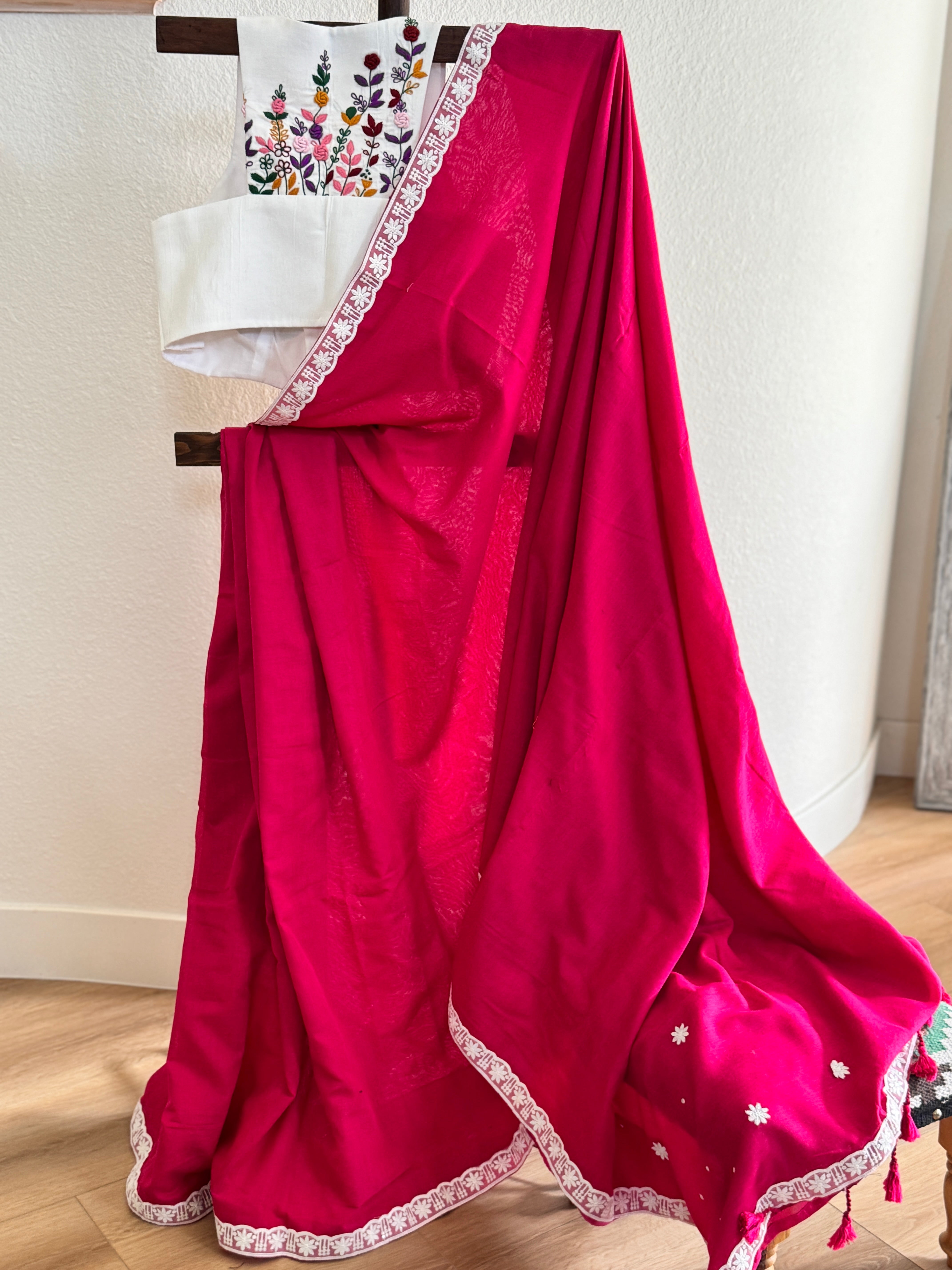 Red cotton with white lace