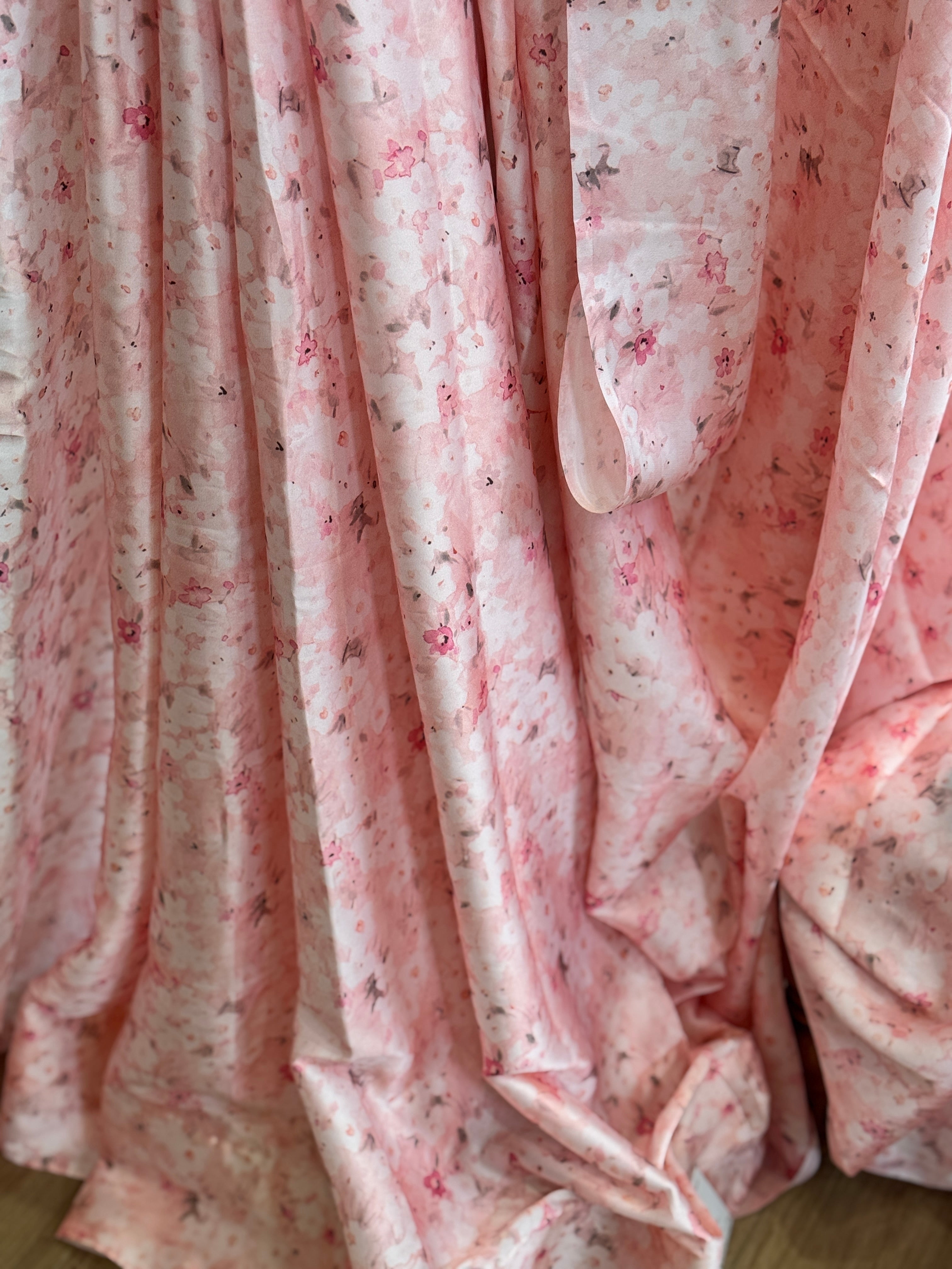 Pink satin printed saree