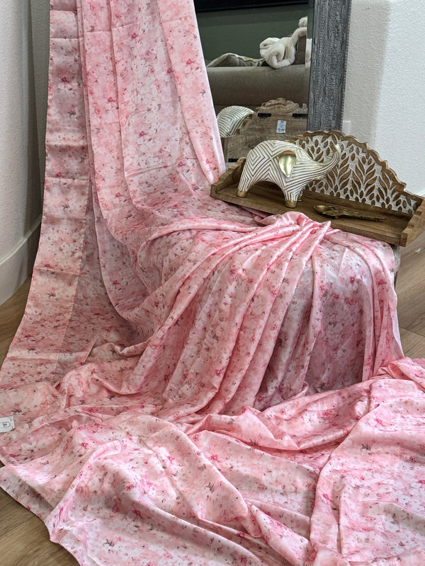 Pink satin printed saree