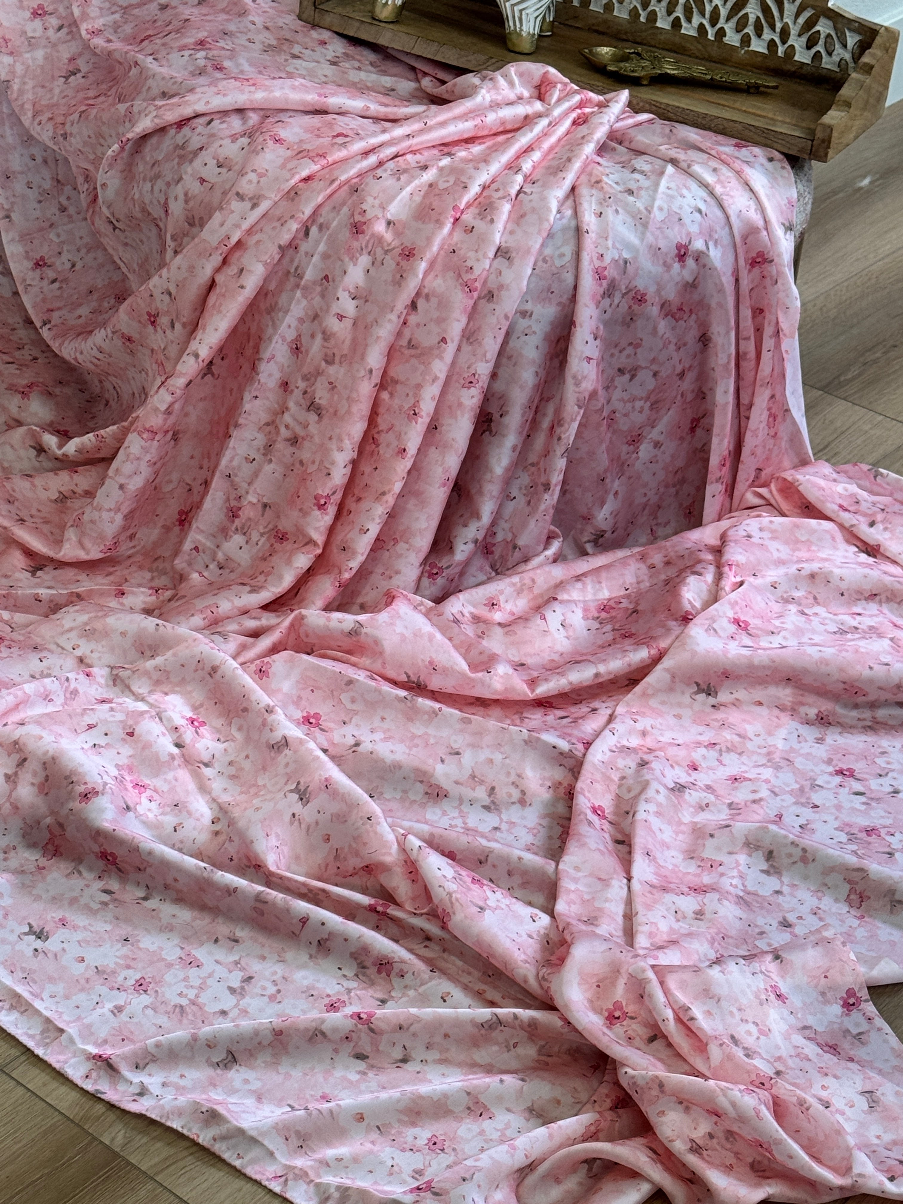 Pink satin printed saree