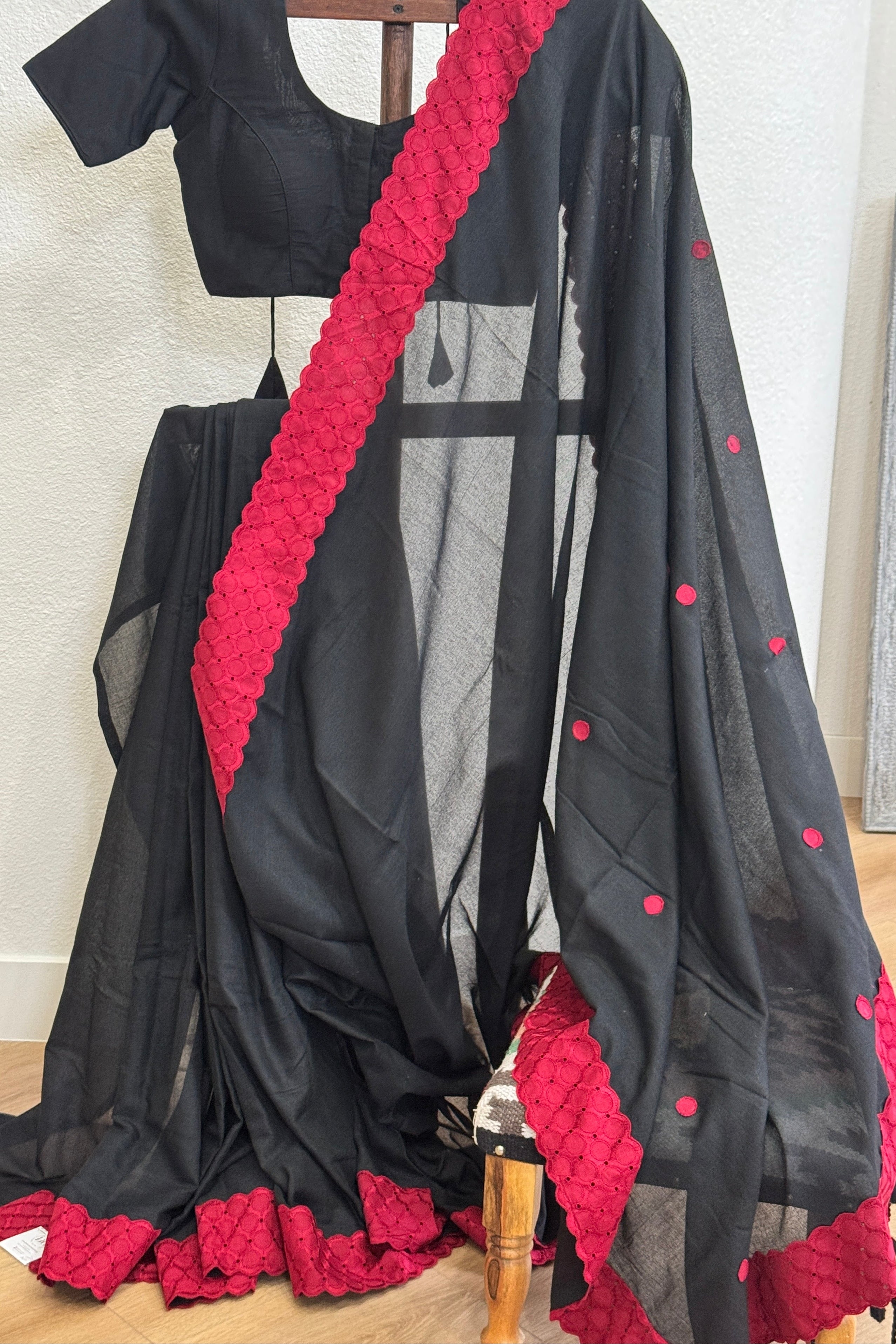 Black cotton with red dots and lace