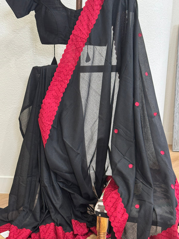 Black cotton with red dots and lace