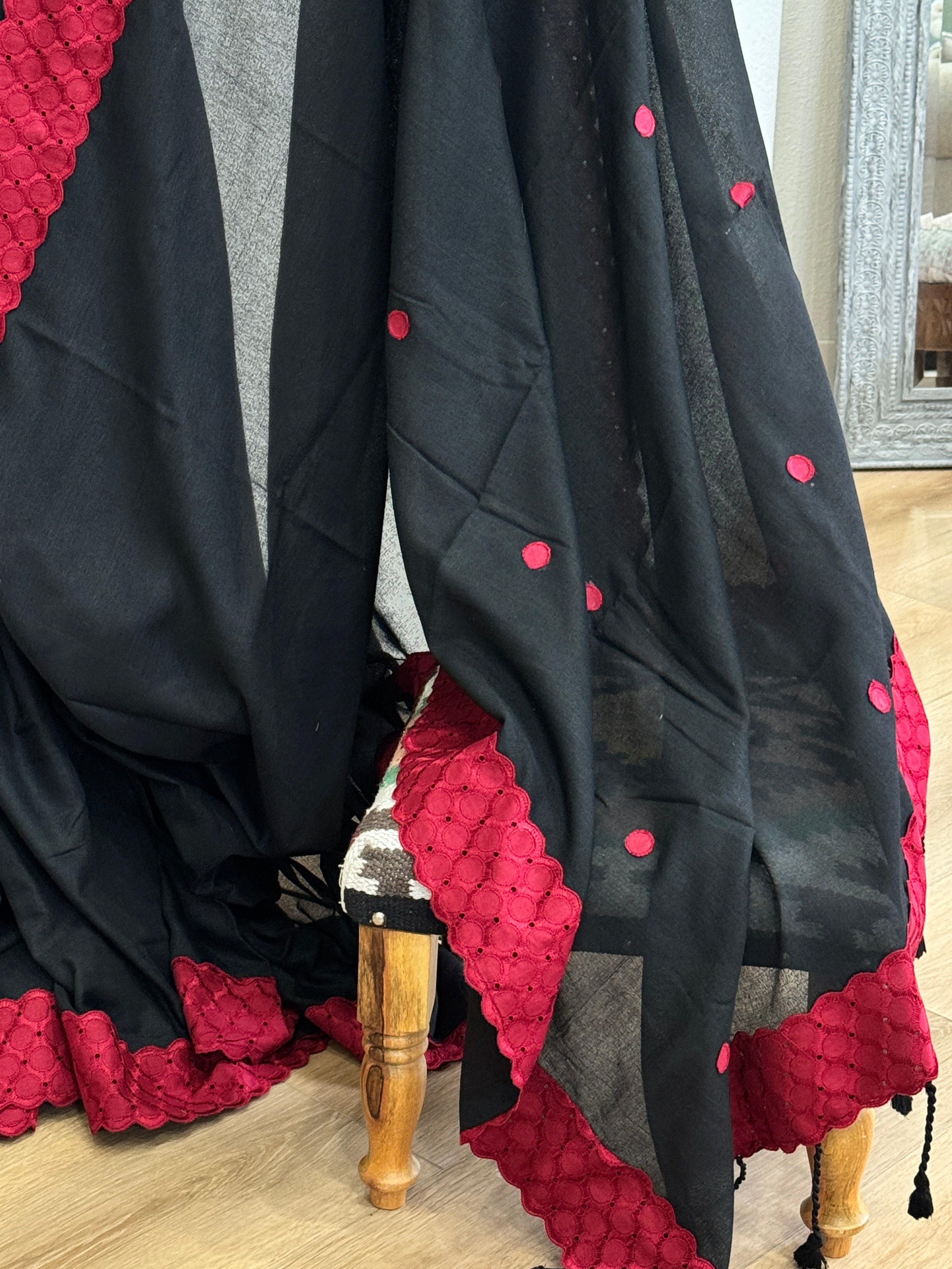 Black cotton with red dots and lace