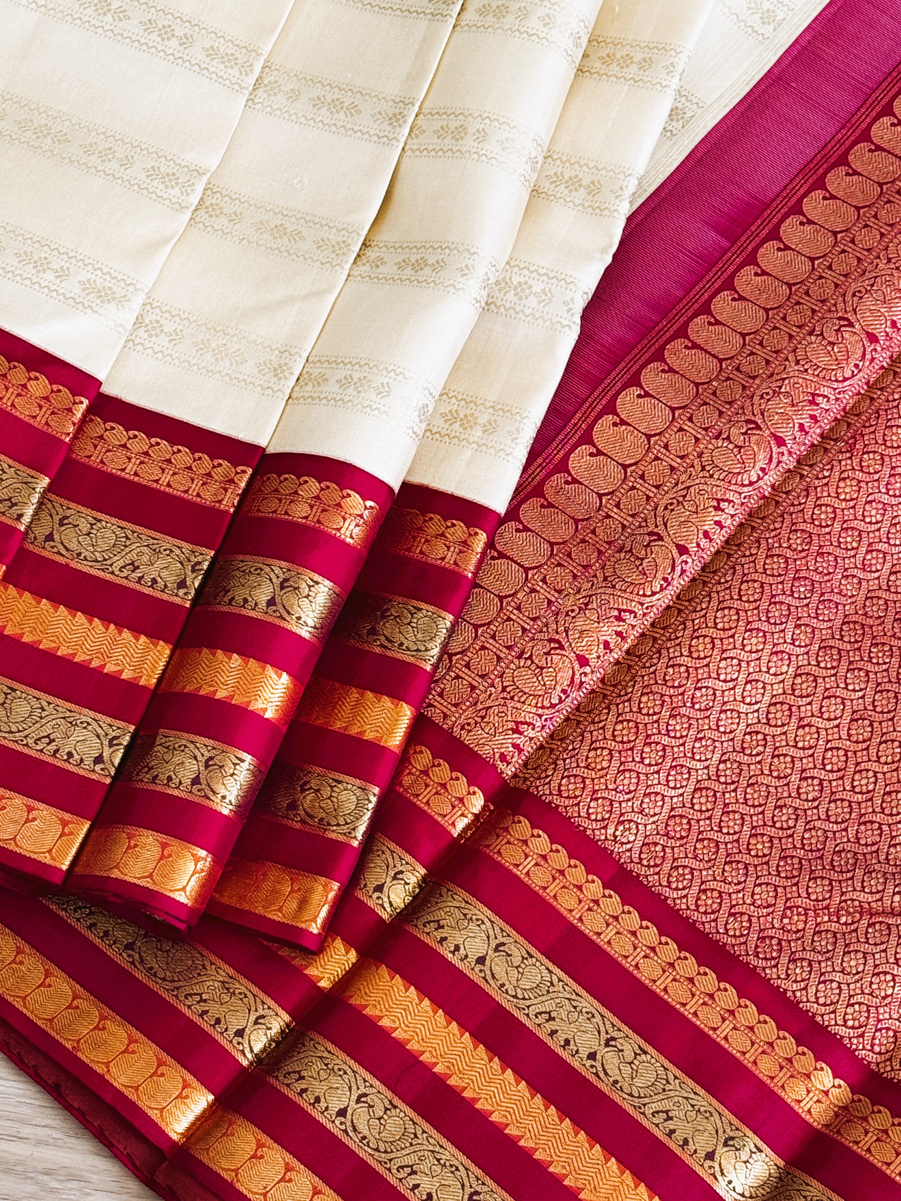 Korvai Kanjeevaram Pure silk handloom saree - beige red
