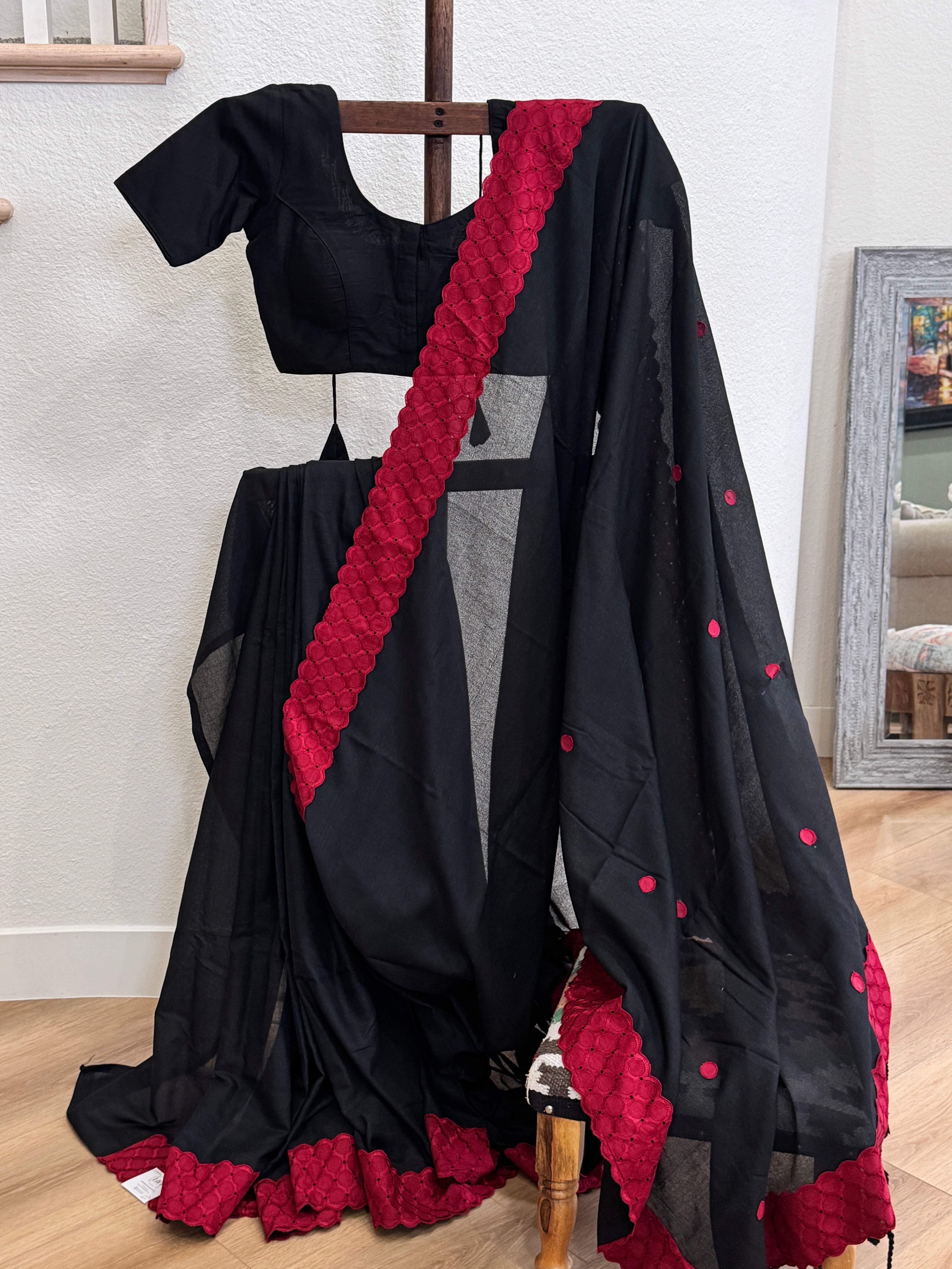 Black cotton with red dots and lace