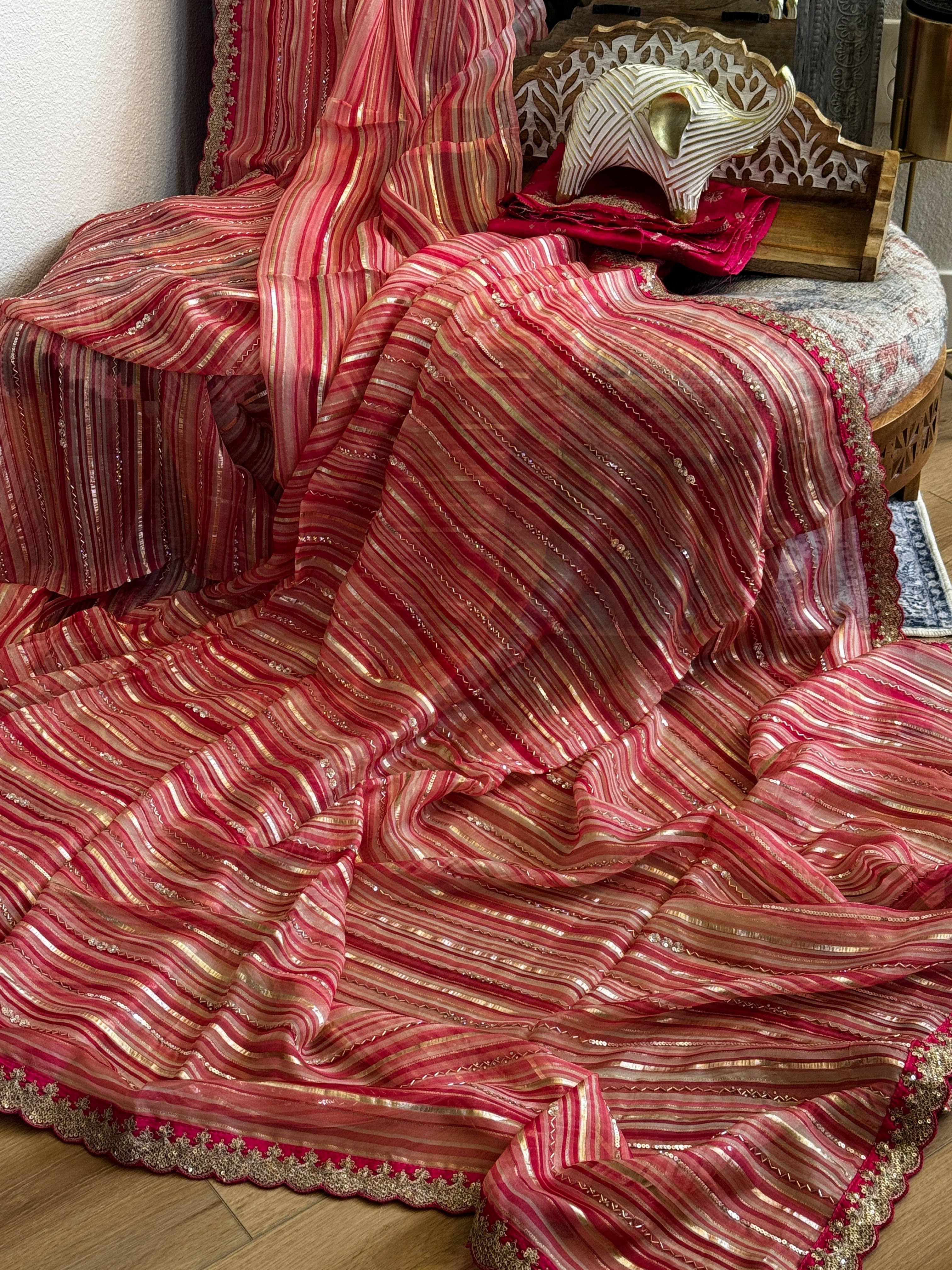 Organza Saree with stripes, sequin and gota lace - baby pink