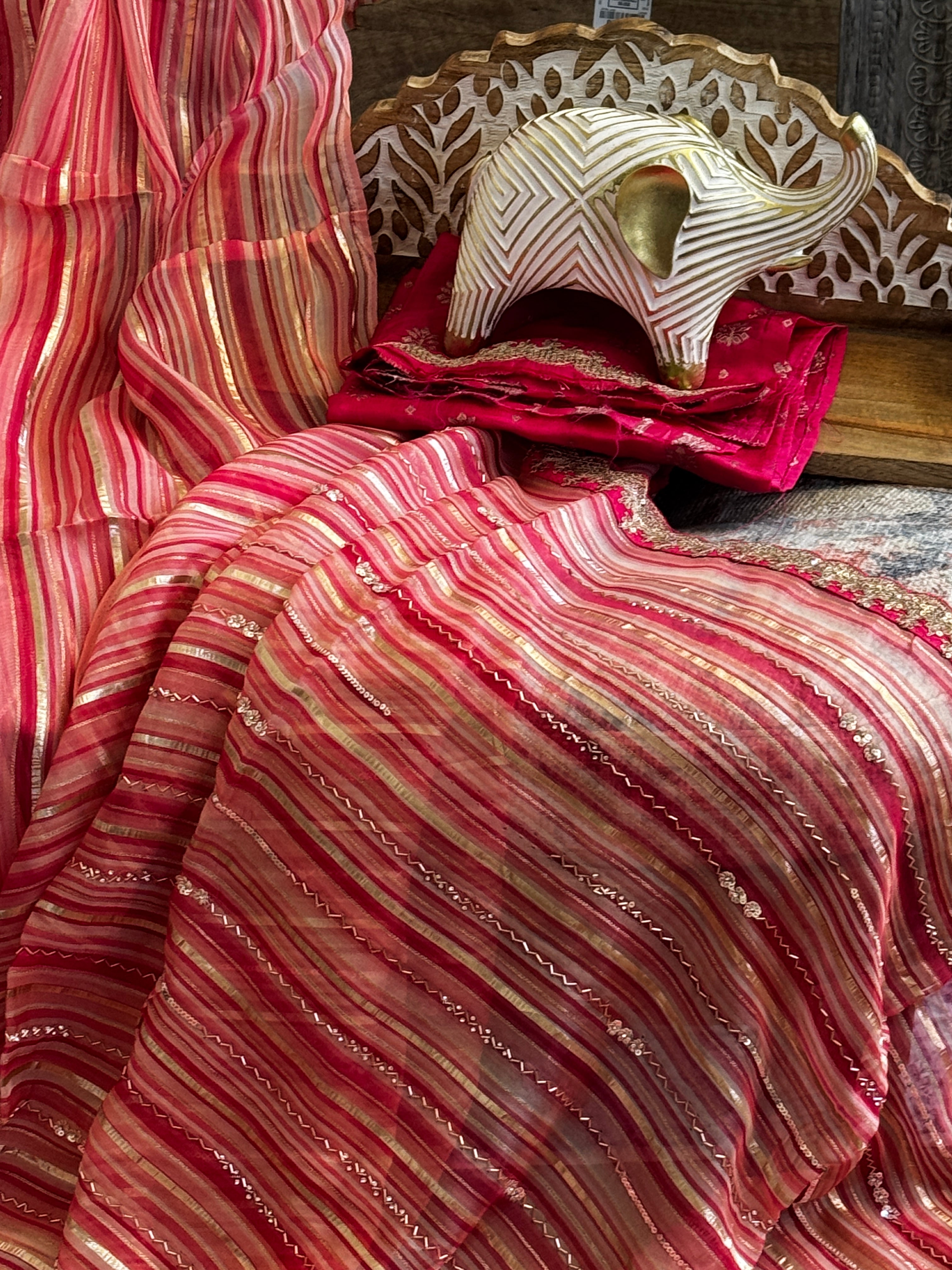 Organza Saree with stripes, sequin and gota lace - baby pink