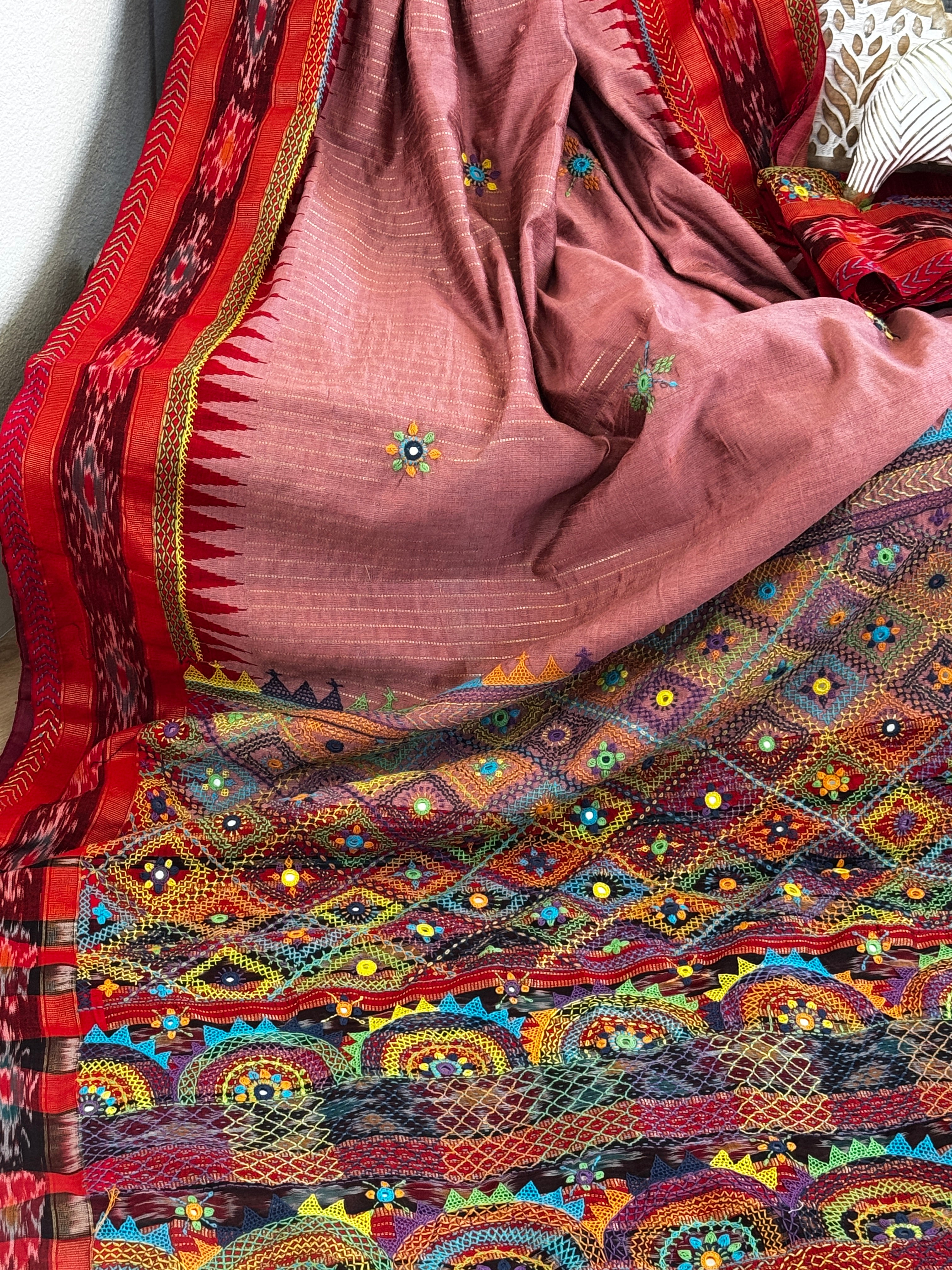 Lambani Embroidery on raw silk saree - light pink