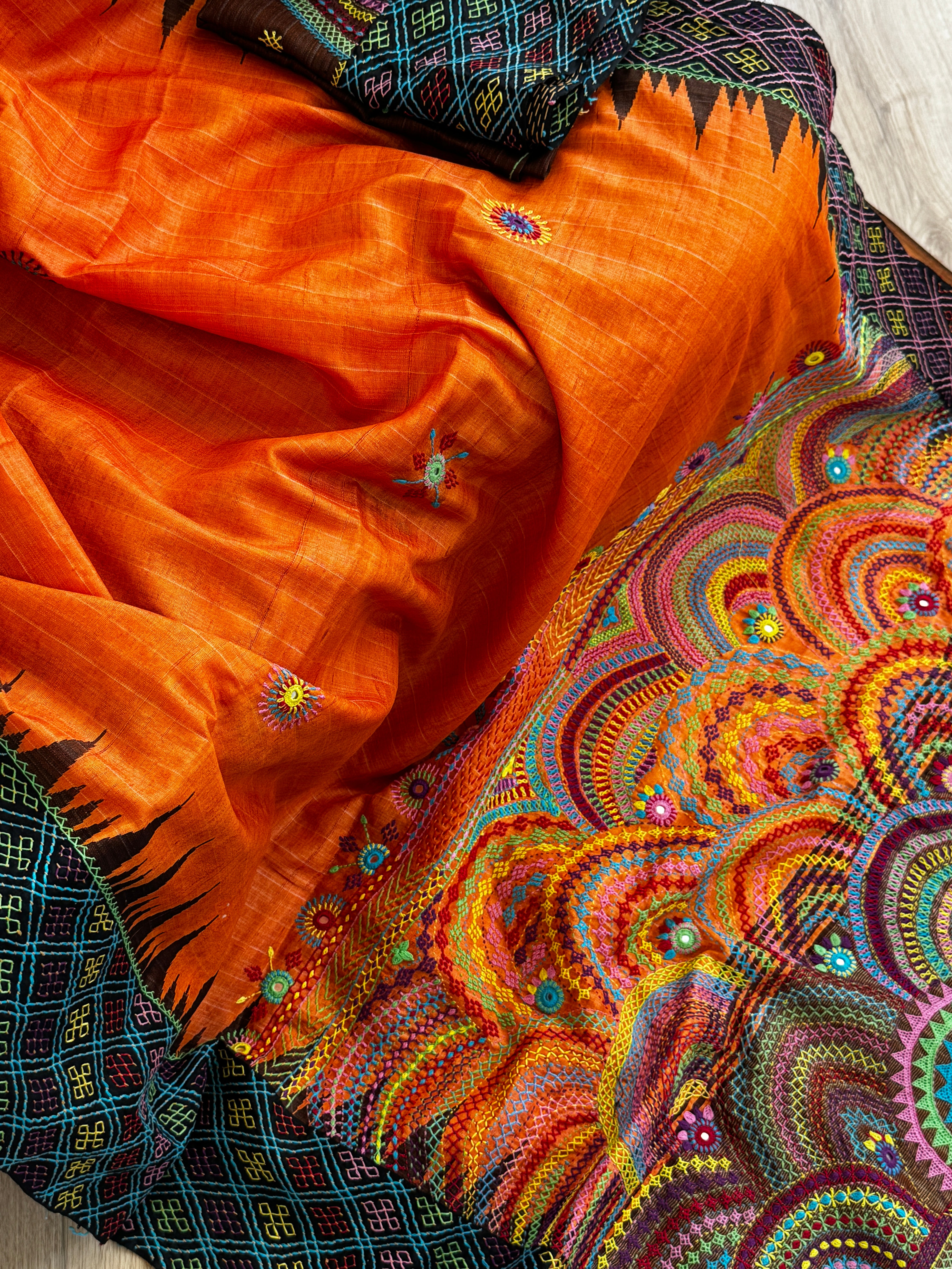 Lambani Embroidery on raw silk saree - orange