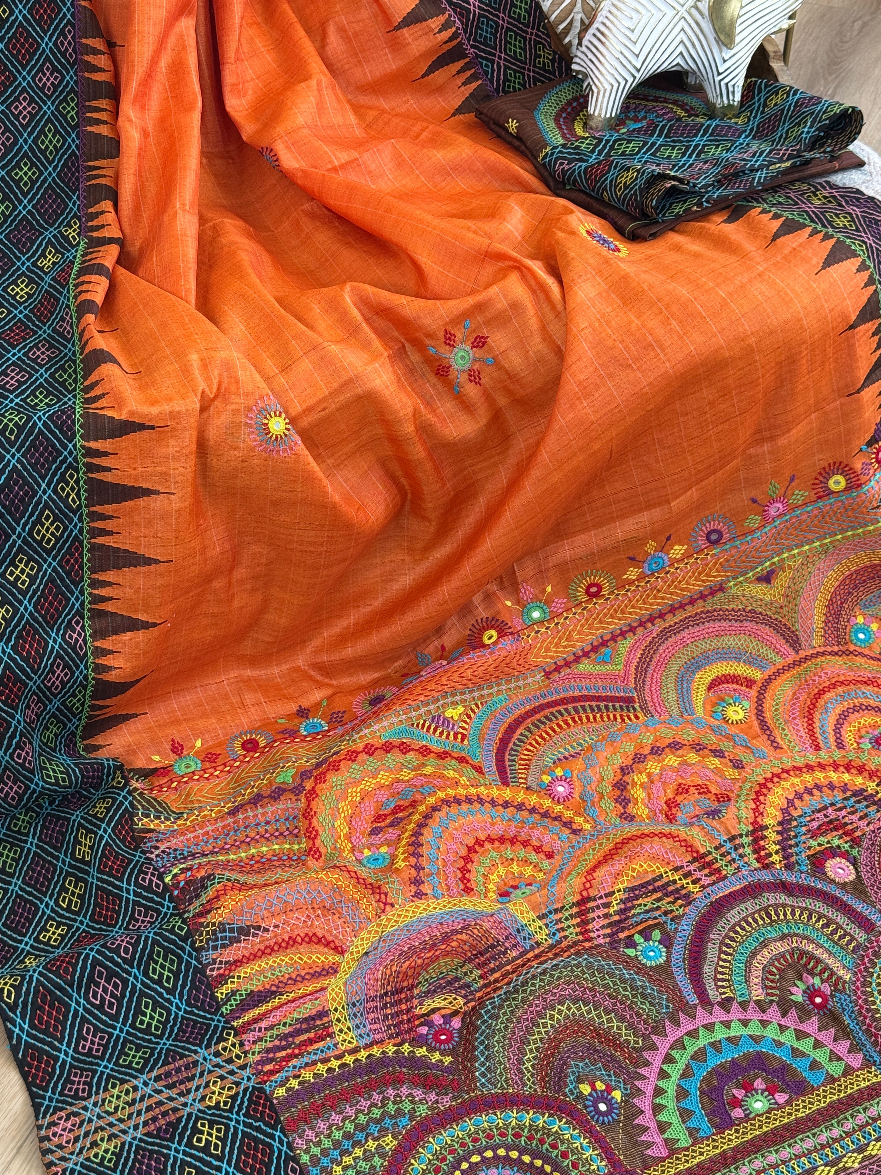 Lambani Embroidery on raw silk saree - orange