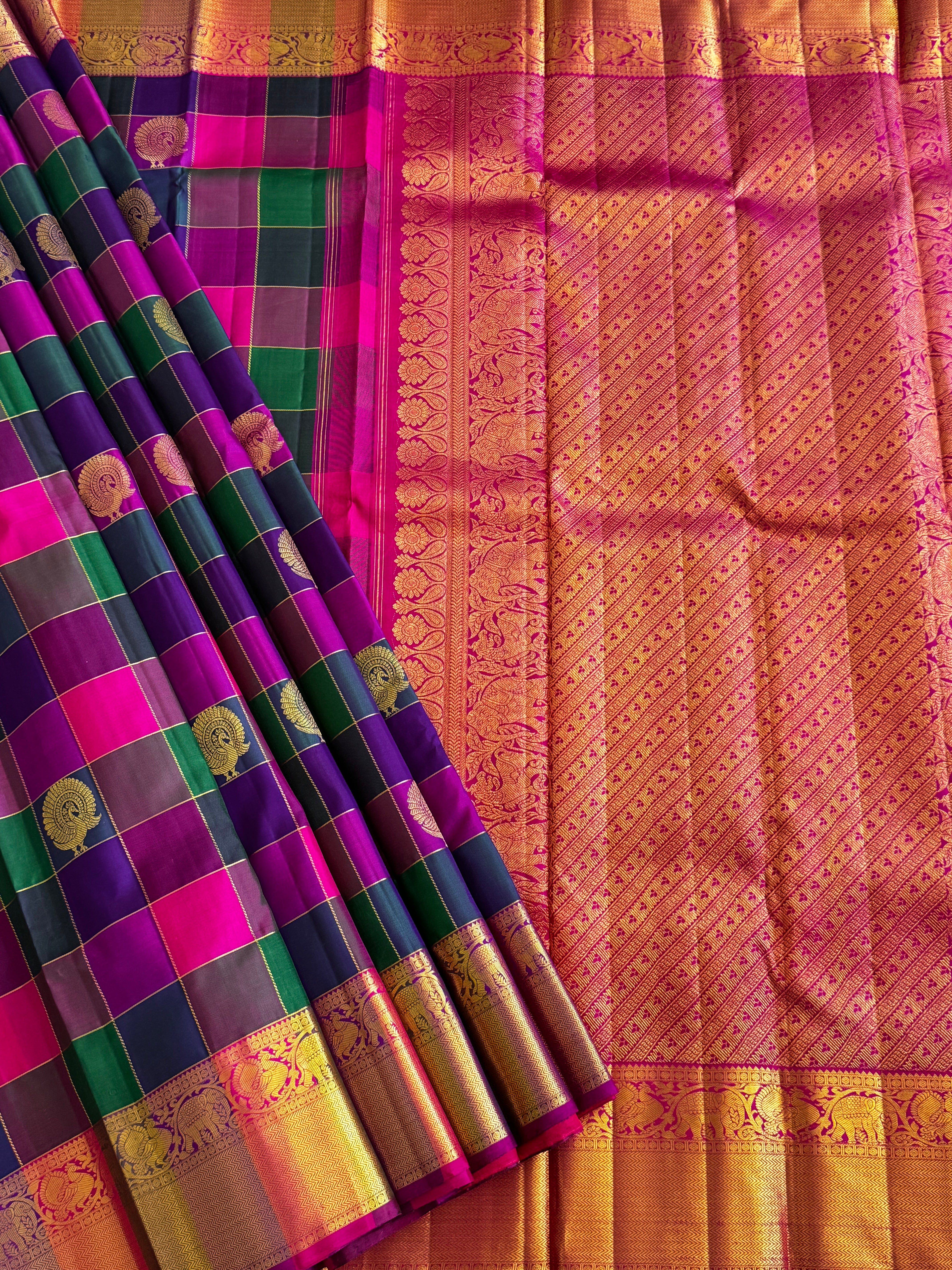Multicolor Palum Pazhamum Kanjivaram Silk Saree With Zari Buttas And Zari Border
