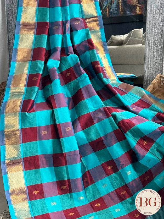 Kanjeevaram silk cotton handloom saree in checker pattern - Sky Blue