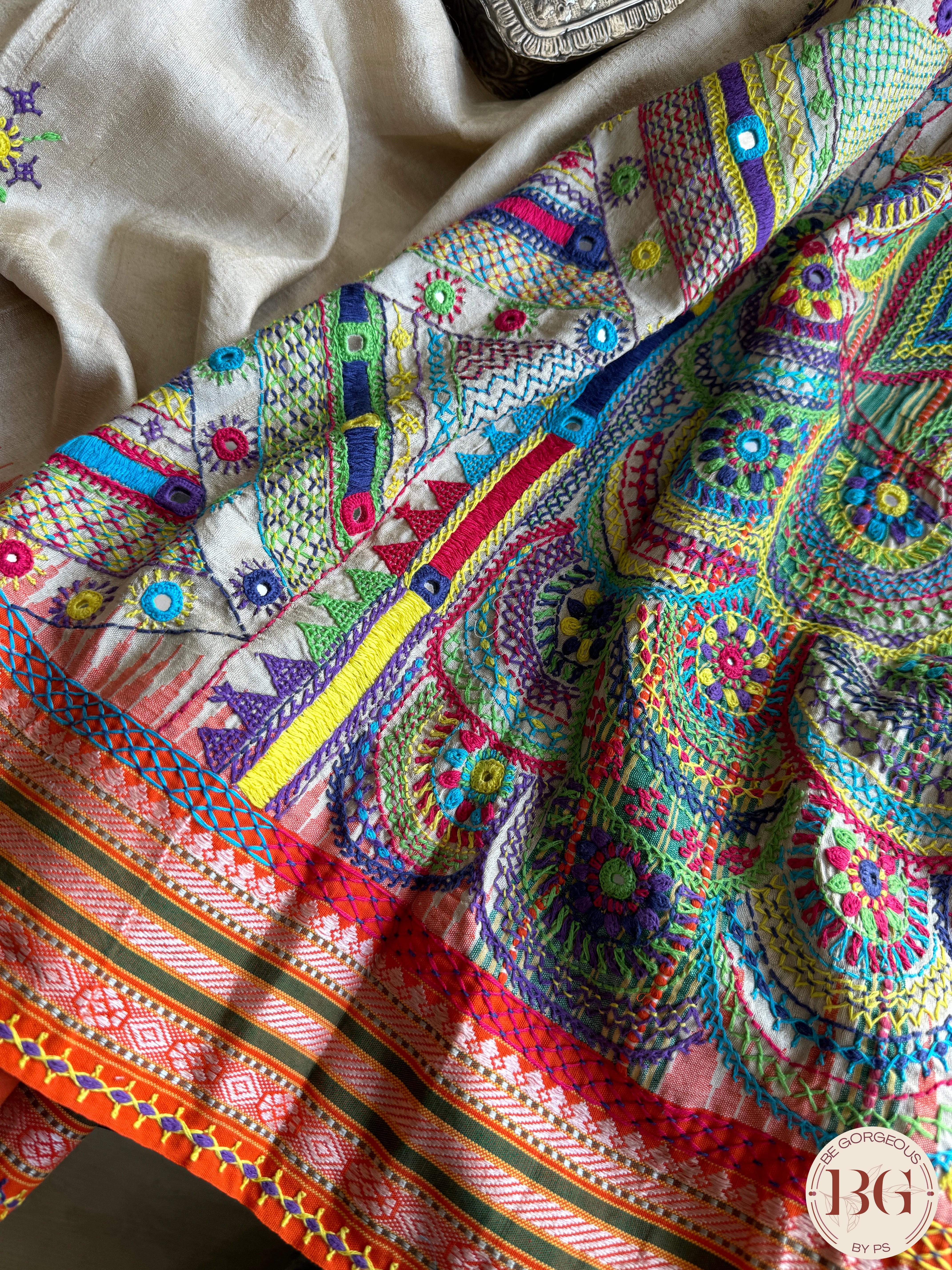 Lambani hand embroidery with mirror detailing on vidharba tussar - Beige