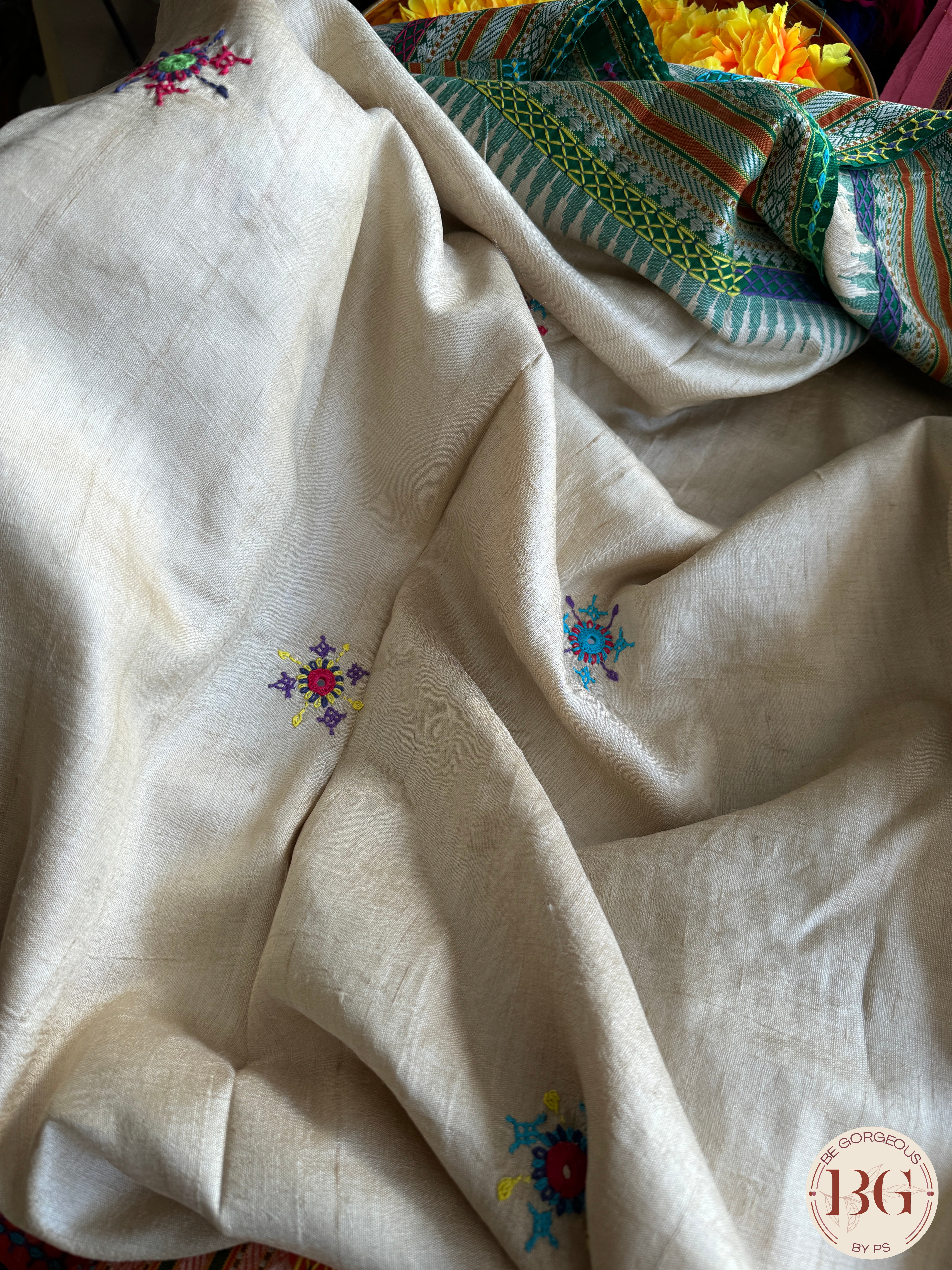 Lambani hand embroidery with mirror detailing on vidharba tussar - Beige